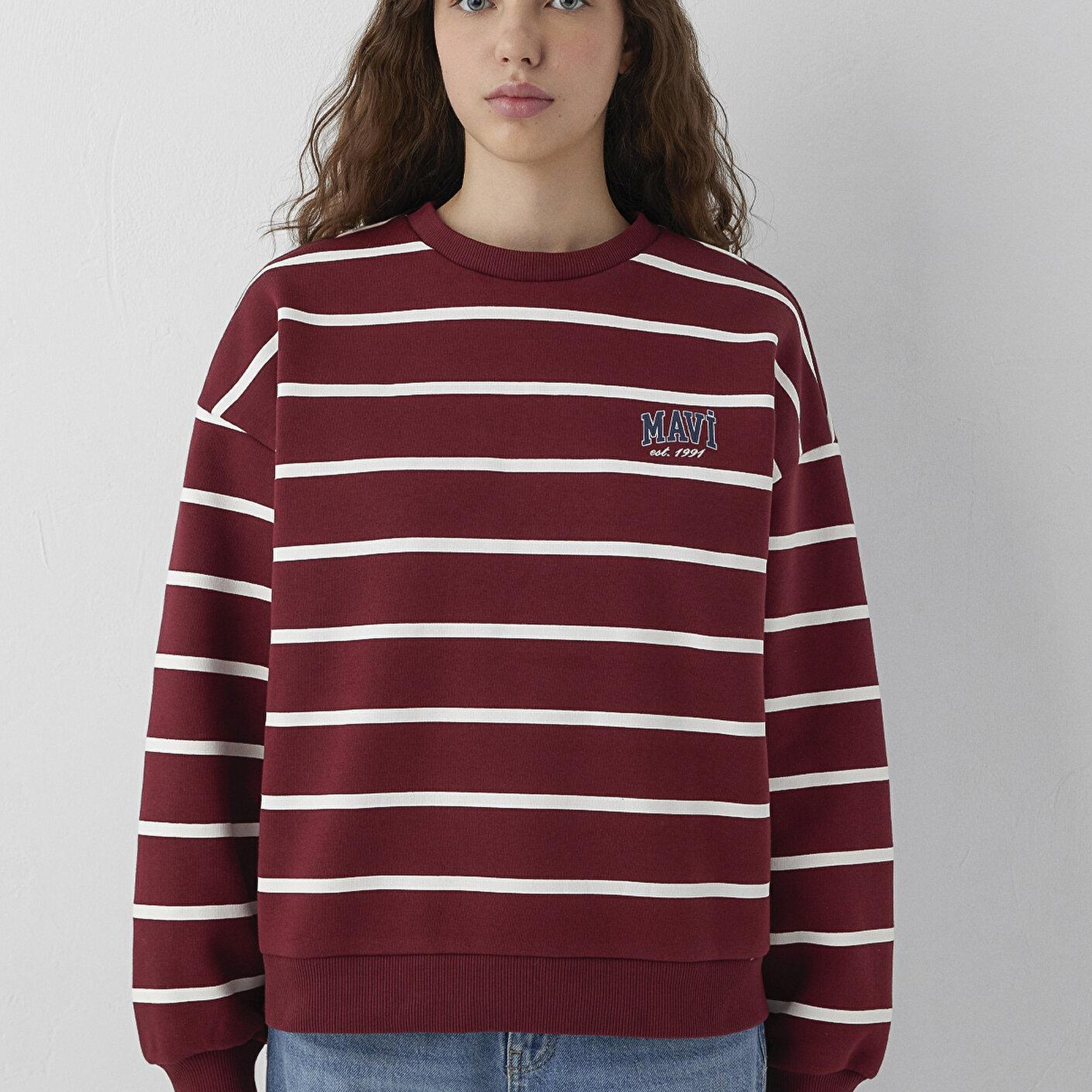 Mavi Mavi Logo Çizgili Bordo Sweatshirt 1S10456-91774