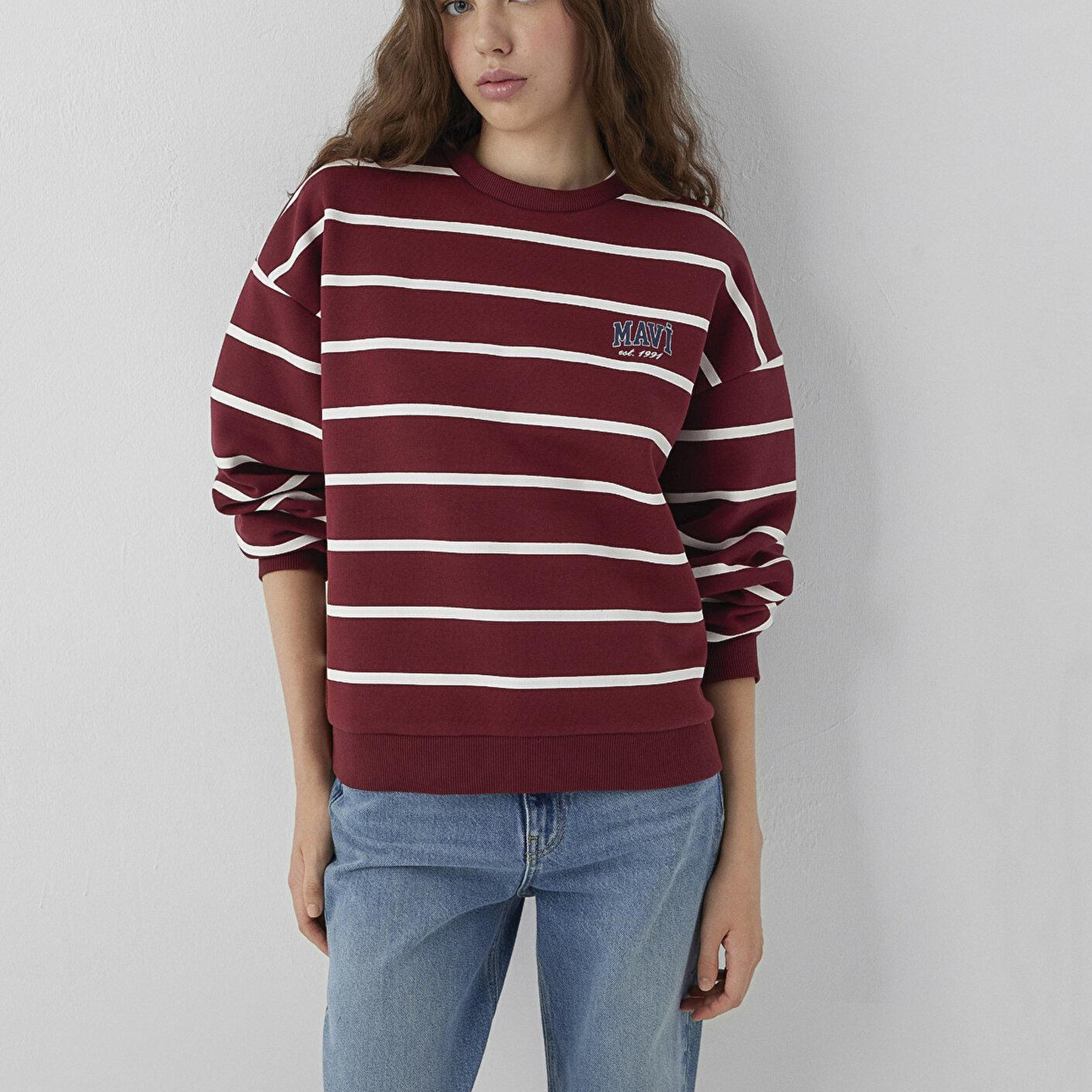 Mavi Mavi Logo Çizgili Bordo Sweatshirt 1S10456-91774