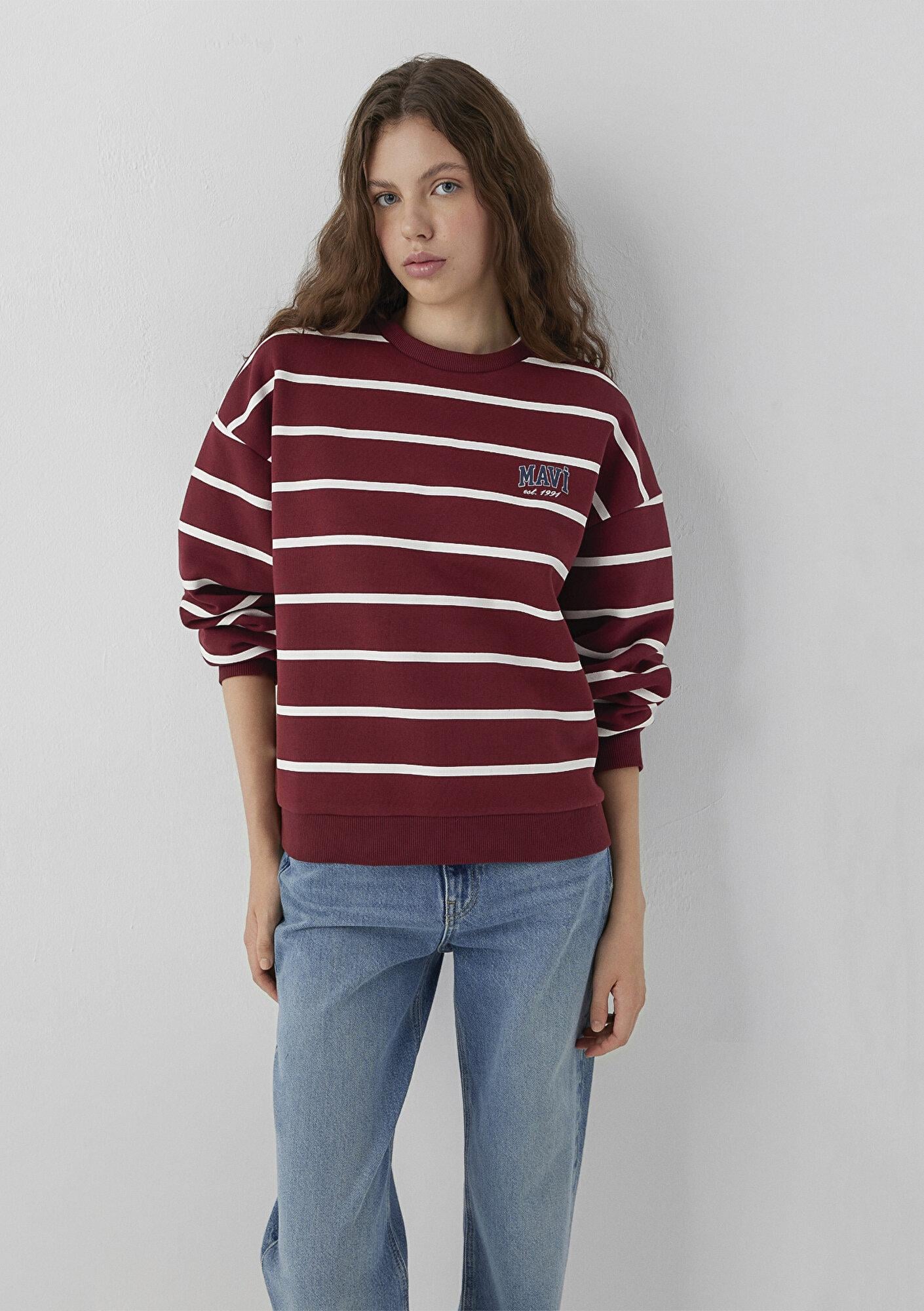Mavi Mavi Logo Çizgili Bordo Sweatshirt 1S10456-91774