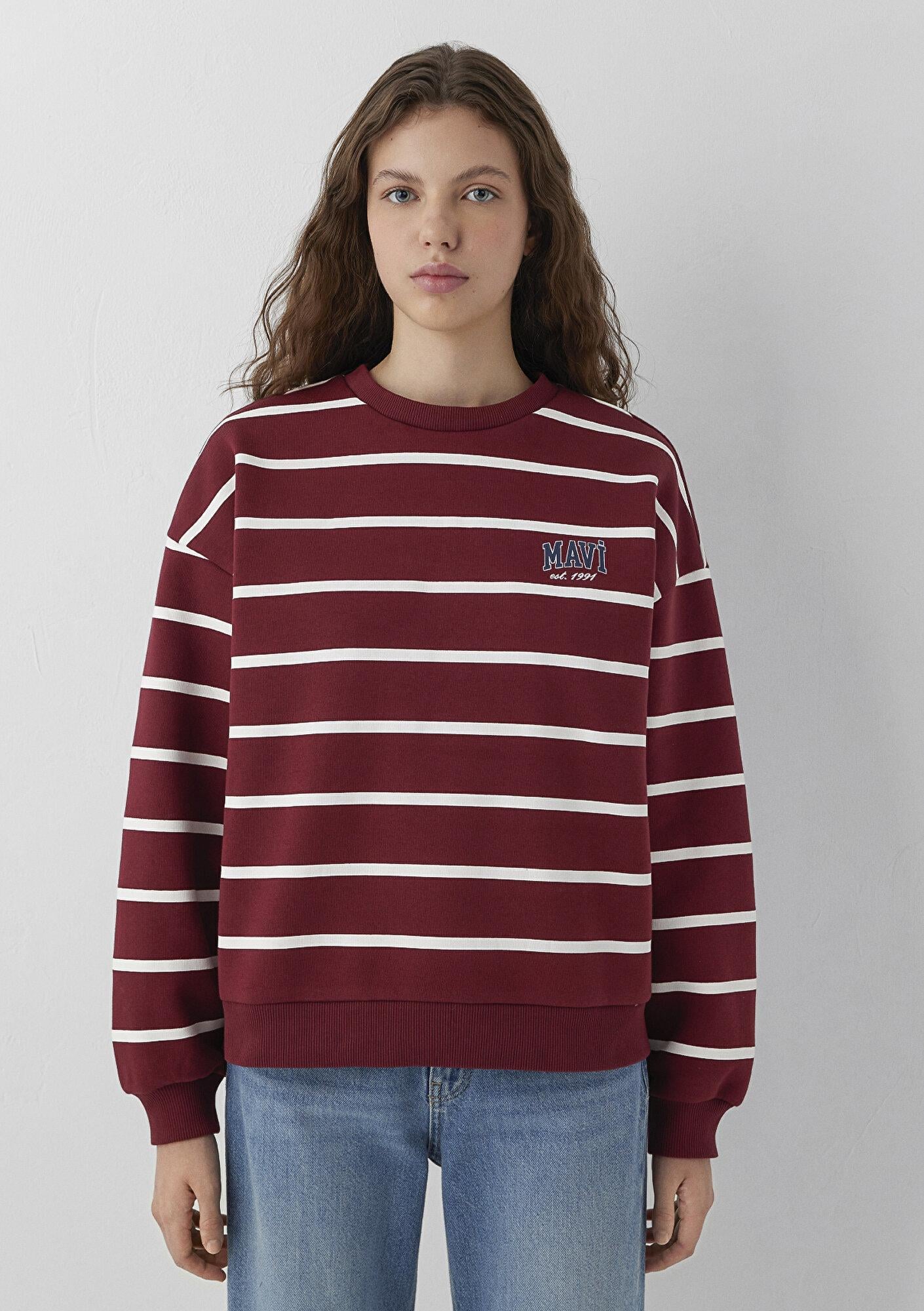 Mavi Mavi Logo Çizgili Bordo Sweatshirt 1S10456-91774