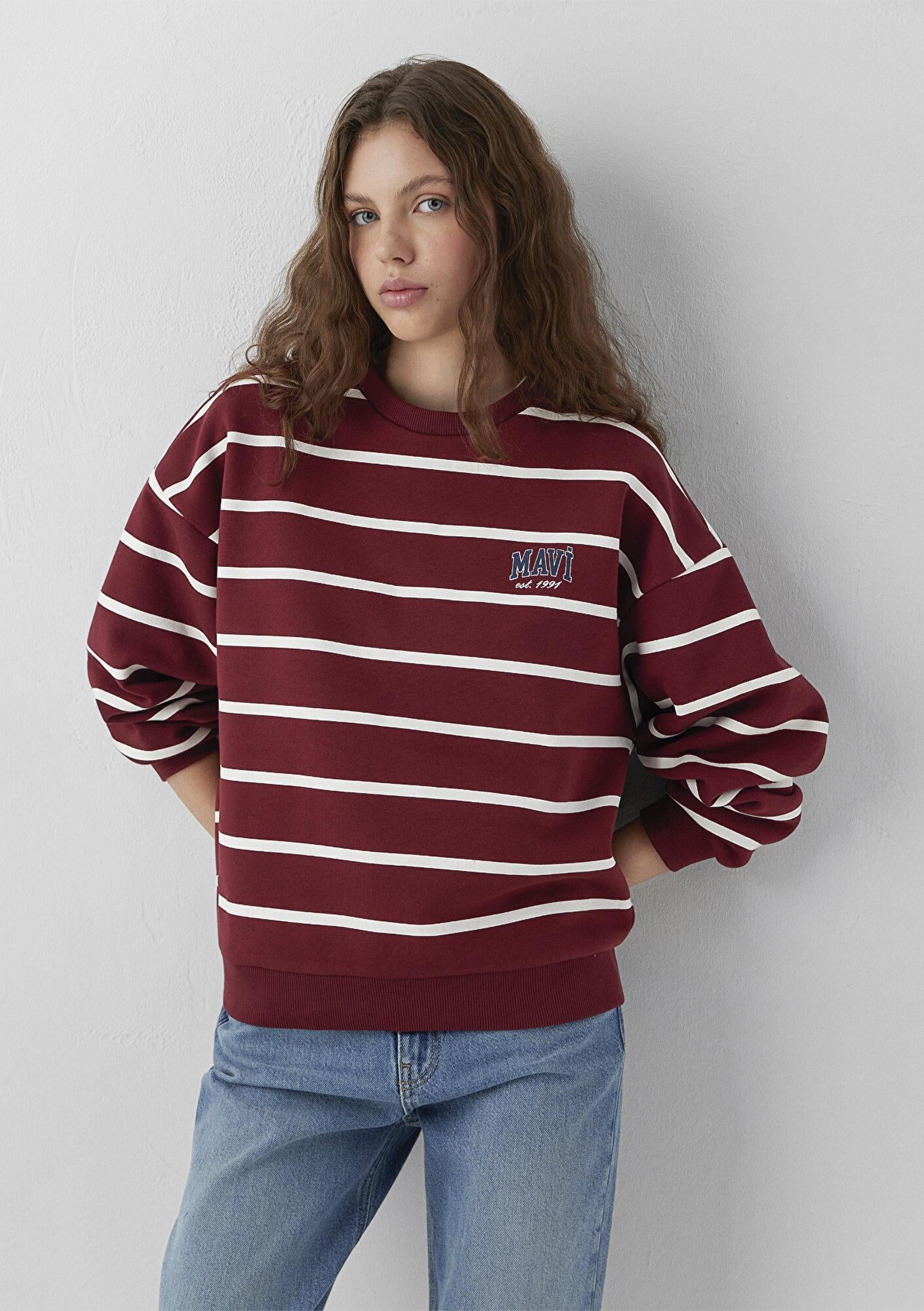 Mavi Mavi Logo Çizgili Bordo Sweatshirt 1S10456-91774