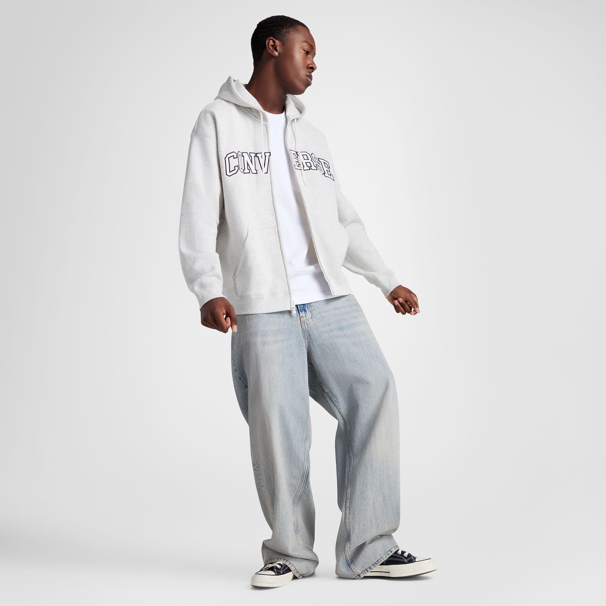 Converse Classic Erkek Fermuarlı Gri Hoodie