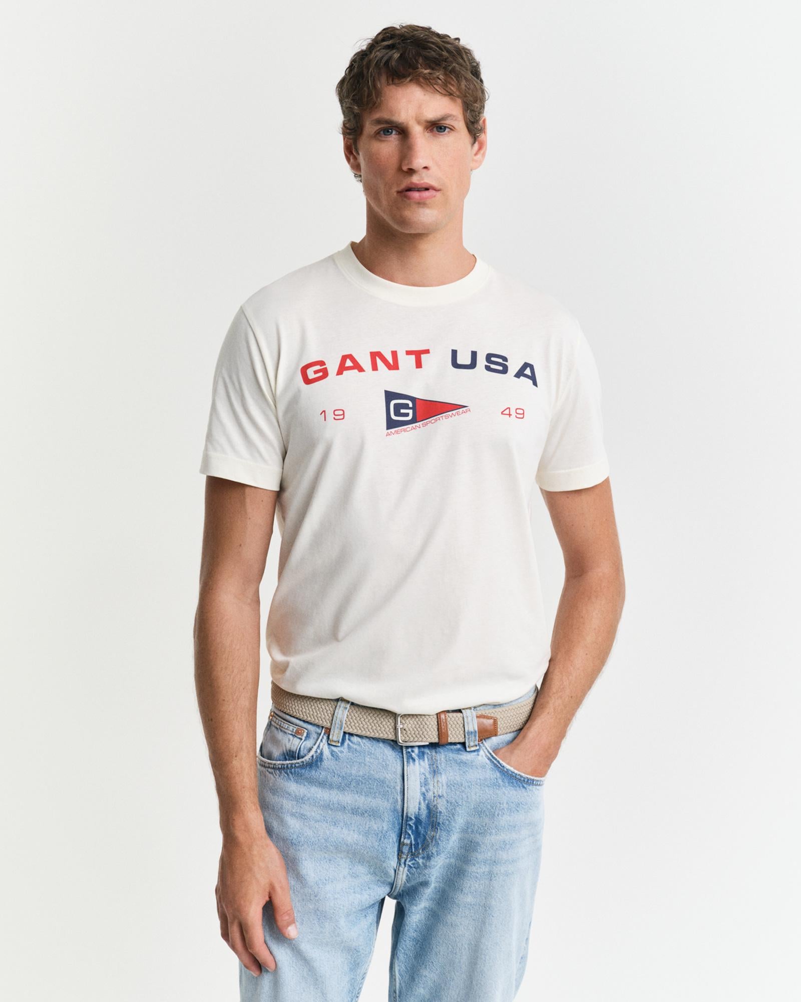 GANT Erkek Krem Regular Fit Bisiklet Yaka Logolu T-Shirt