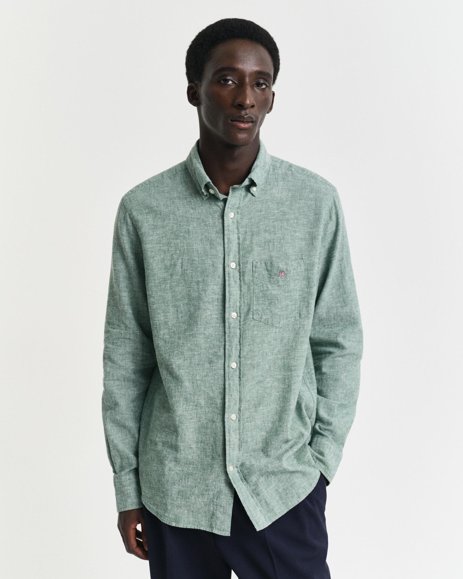 GANT Erkek Yeşil Regular Fit Düğmeli Yaka Keten Gömlek