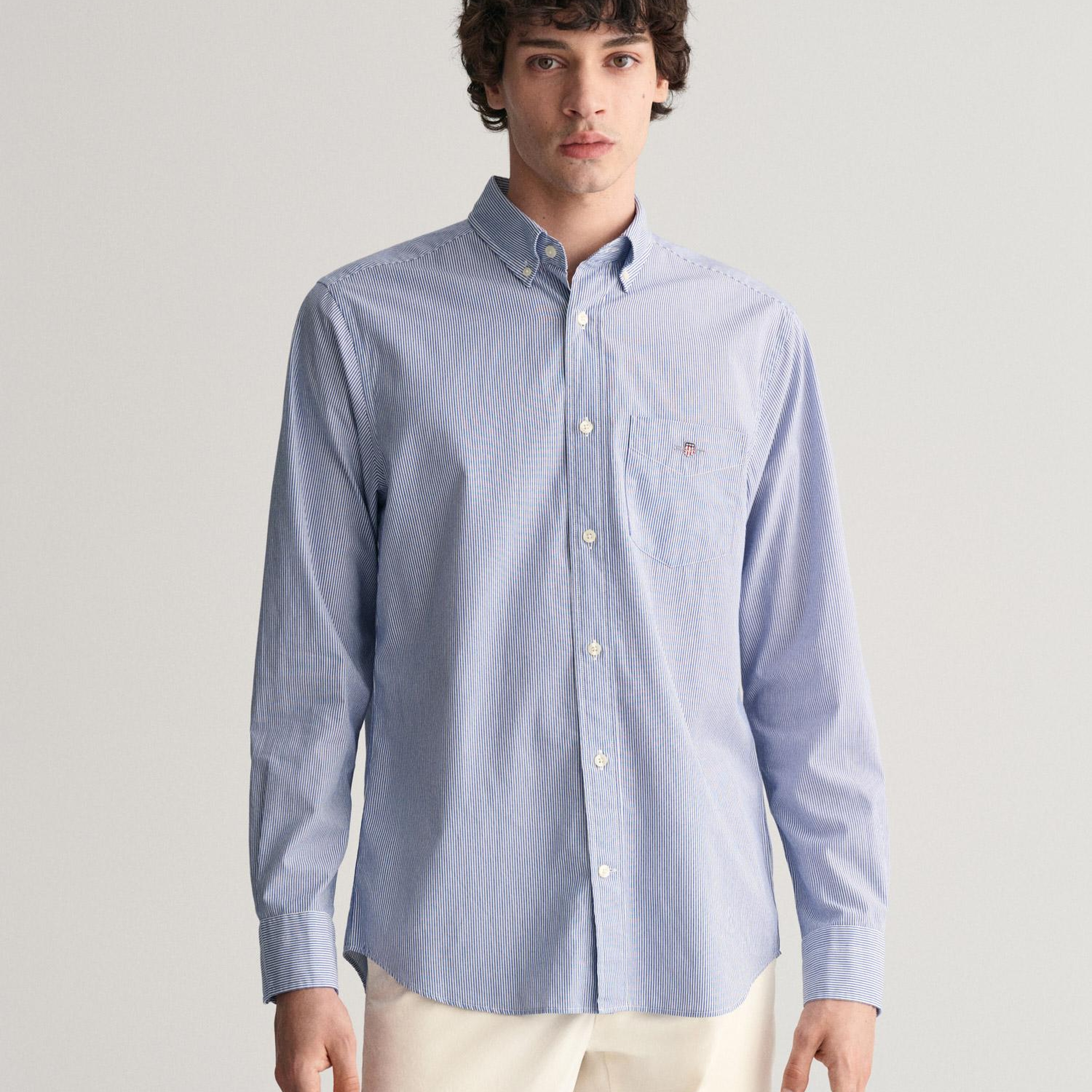 GANT Erkek Mavi Regular Fit Çizgili Düğmeli Yaka Gömlek