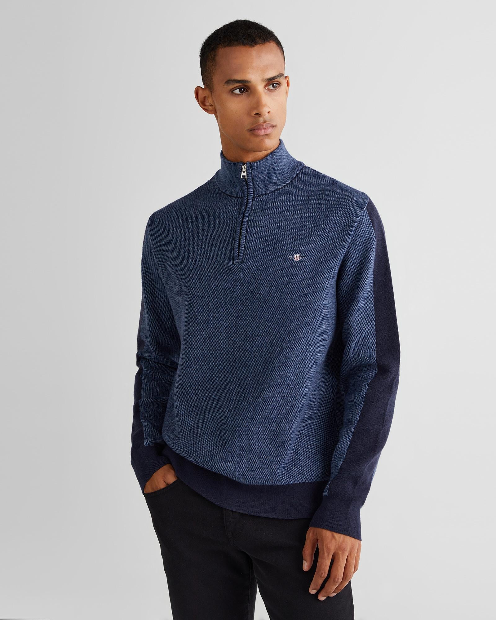 GANT Erkek Lacivert Relaxed Fit Yarım Fermuarlı Renk Bloklu Kazak