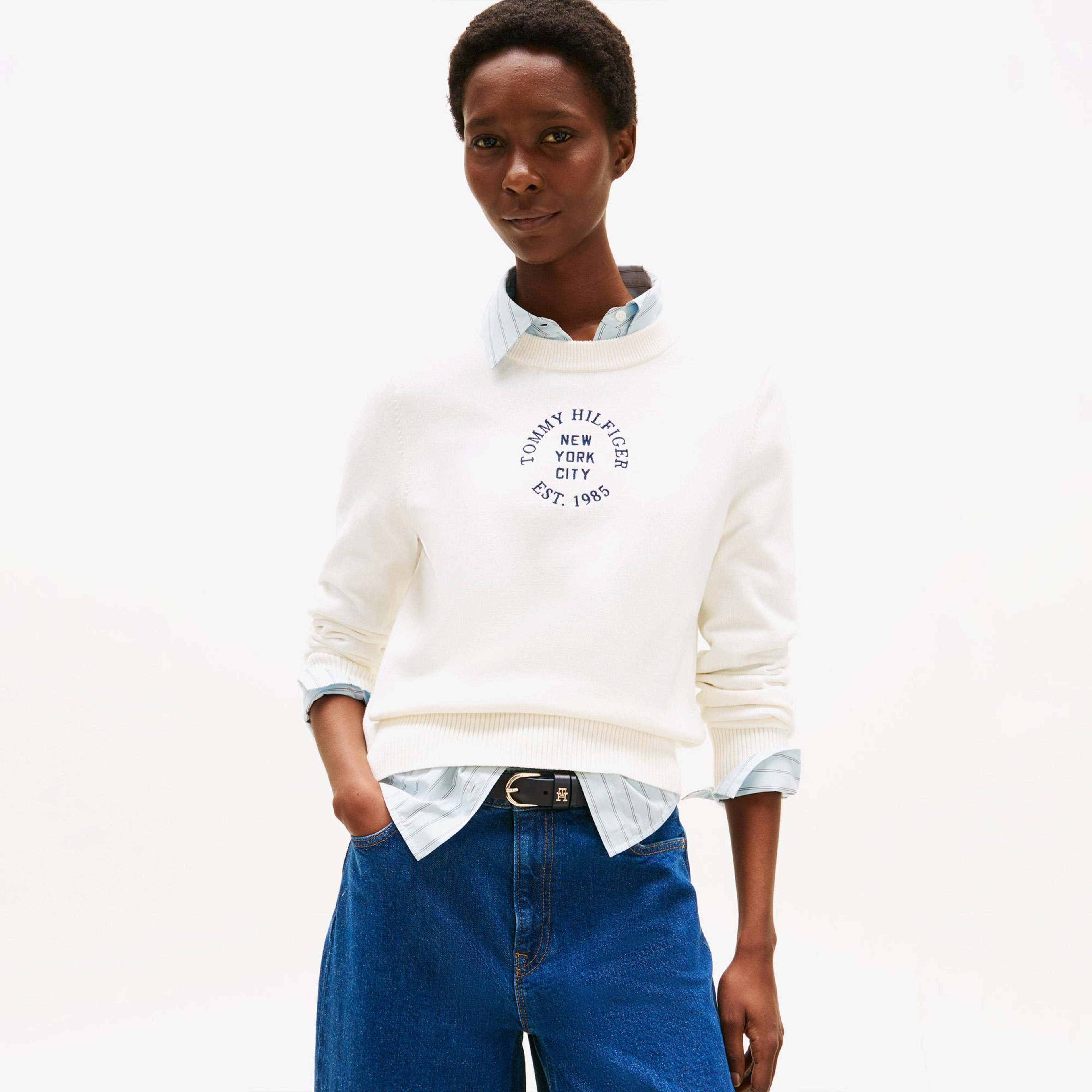 Tommy Hilfiger Graphic Logo Kadın Beyaz Kazak