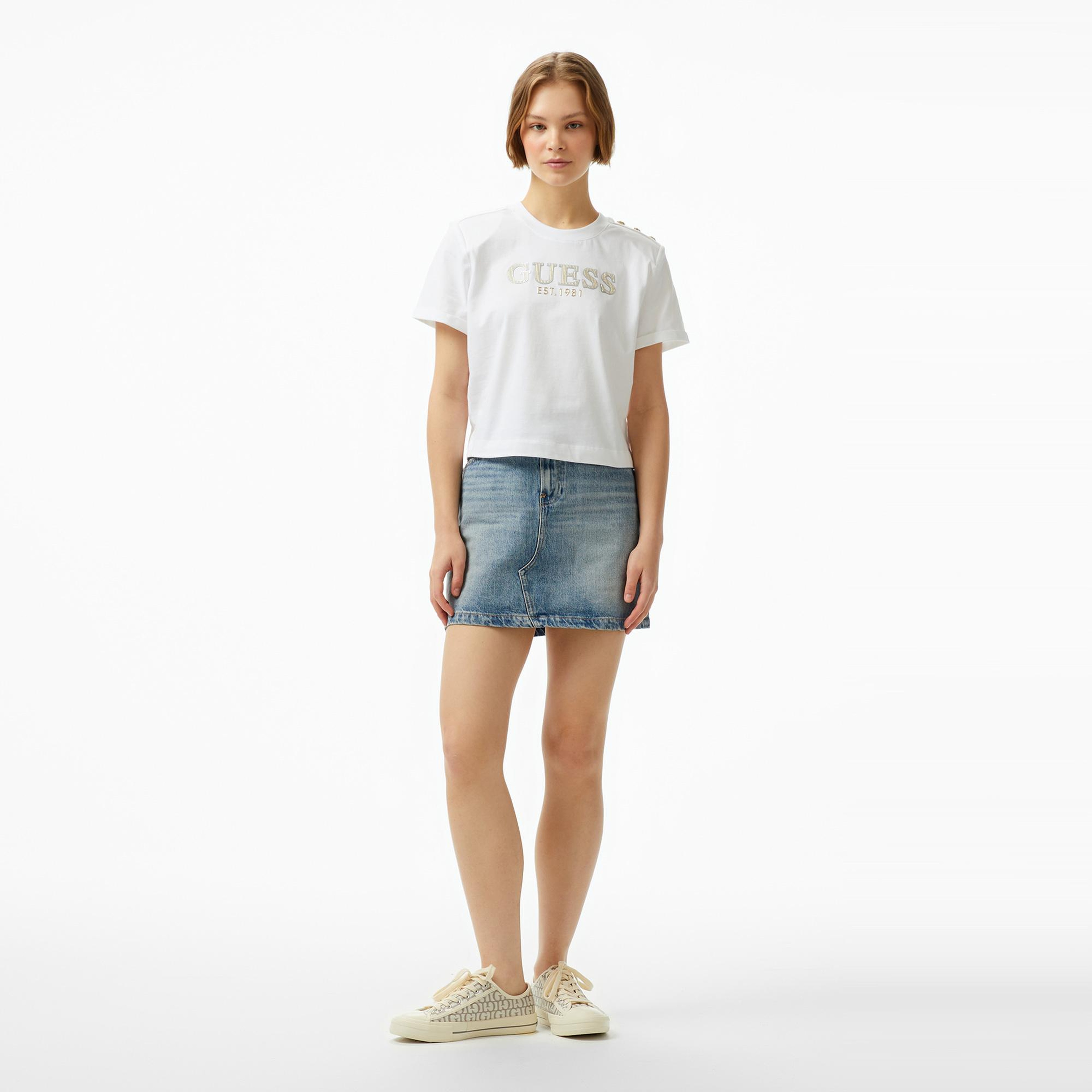 Guess Cropped Washed Mid Organic Heavy 205 Kadın Beyaz T-Shirt