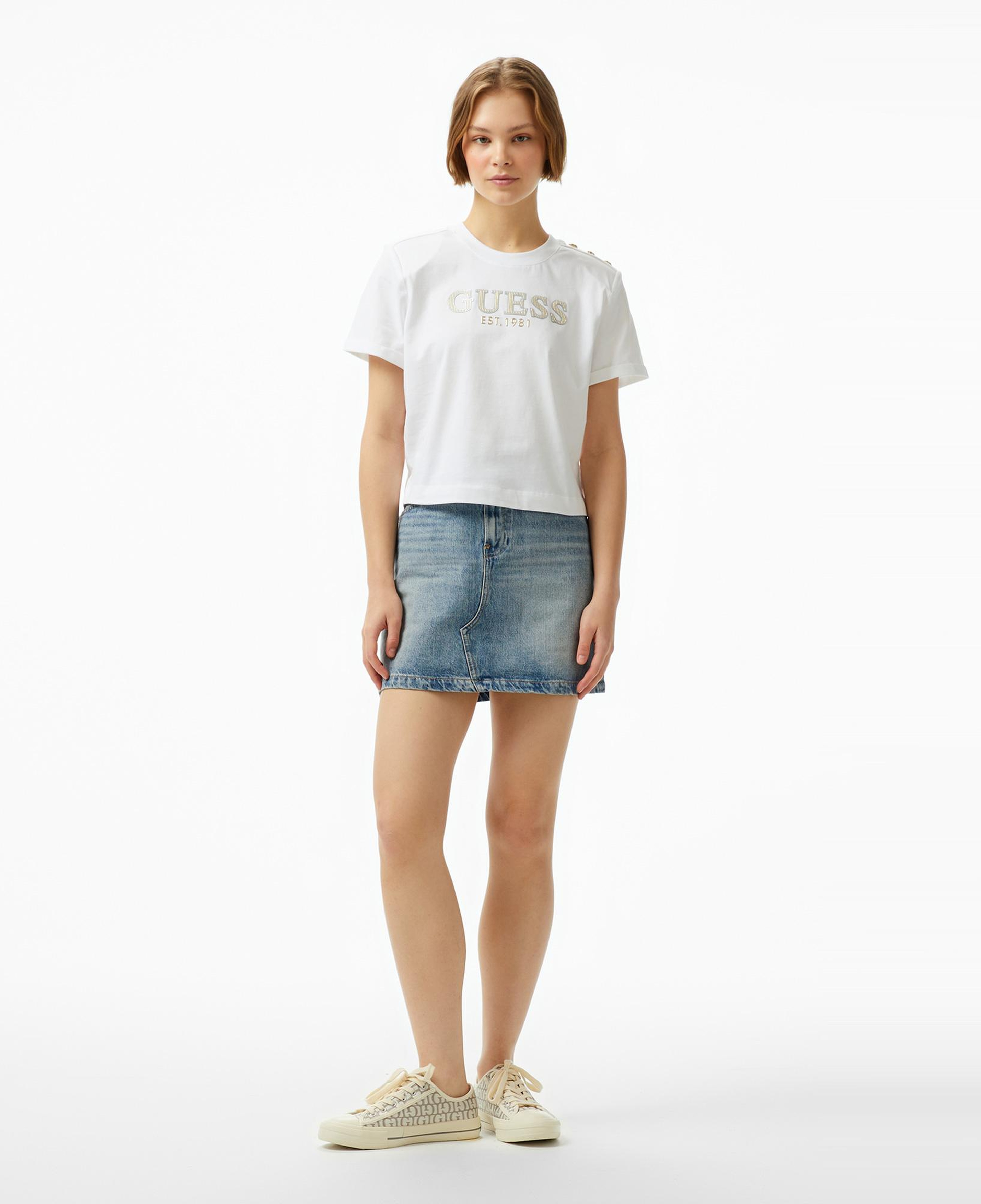 Guess Cropped Washed Mid Organic Heavy 205 Kadın Beyaz T-Shirt