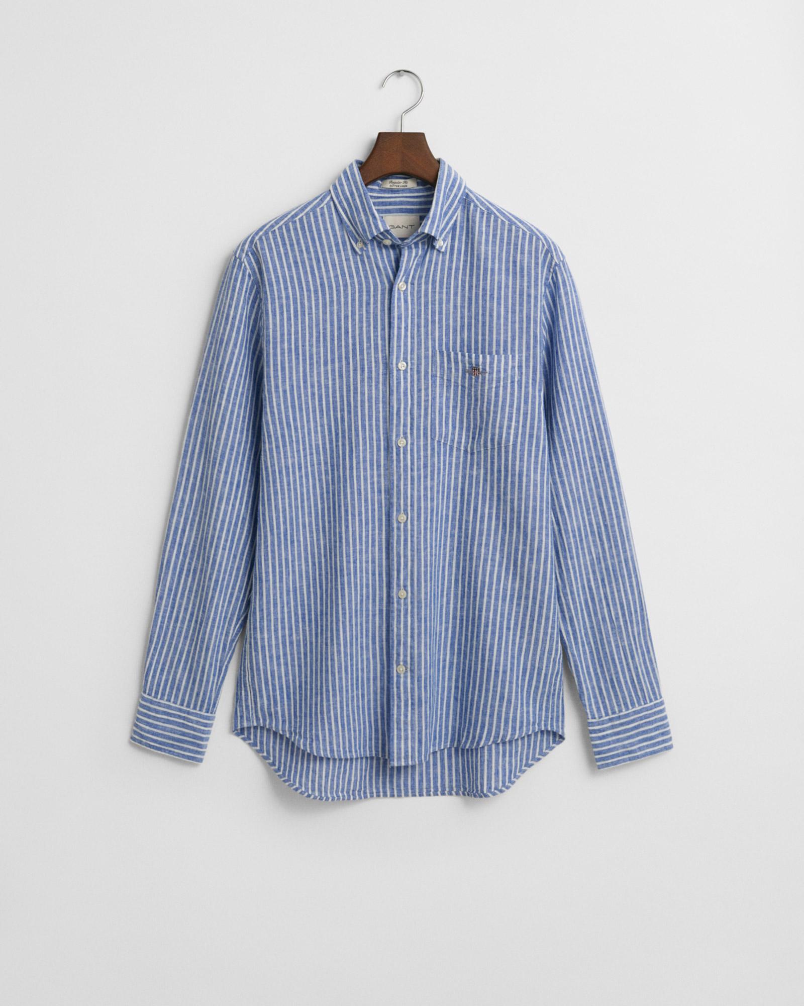 GANT Erkek Lacivert Regular Fit Düğmeli Yaka Çizgili Keten Gömlek