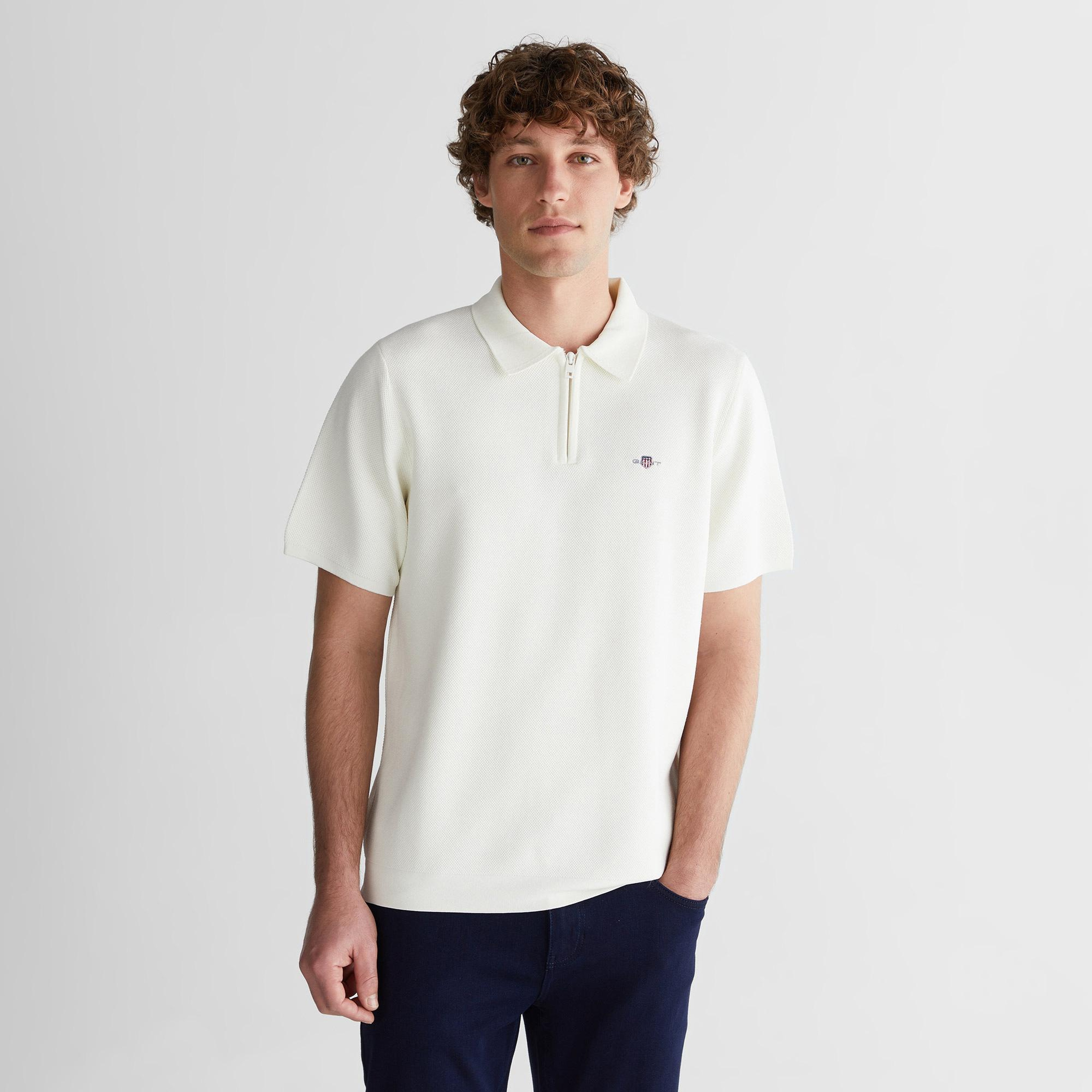 GANT Erkek Beyaz Polo Fermuarlı Yaka Kısa Kollu Triko