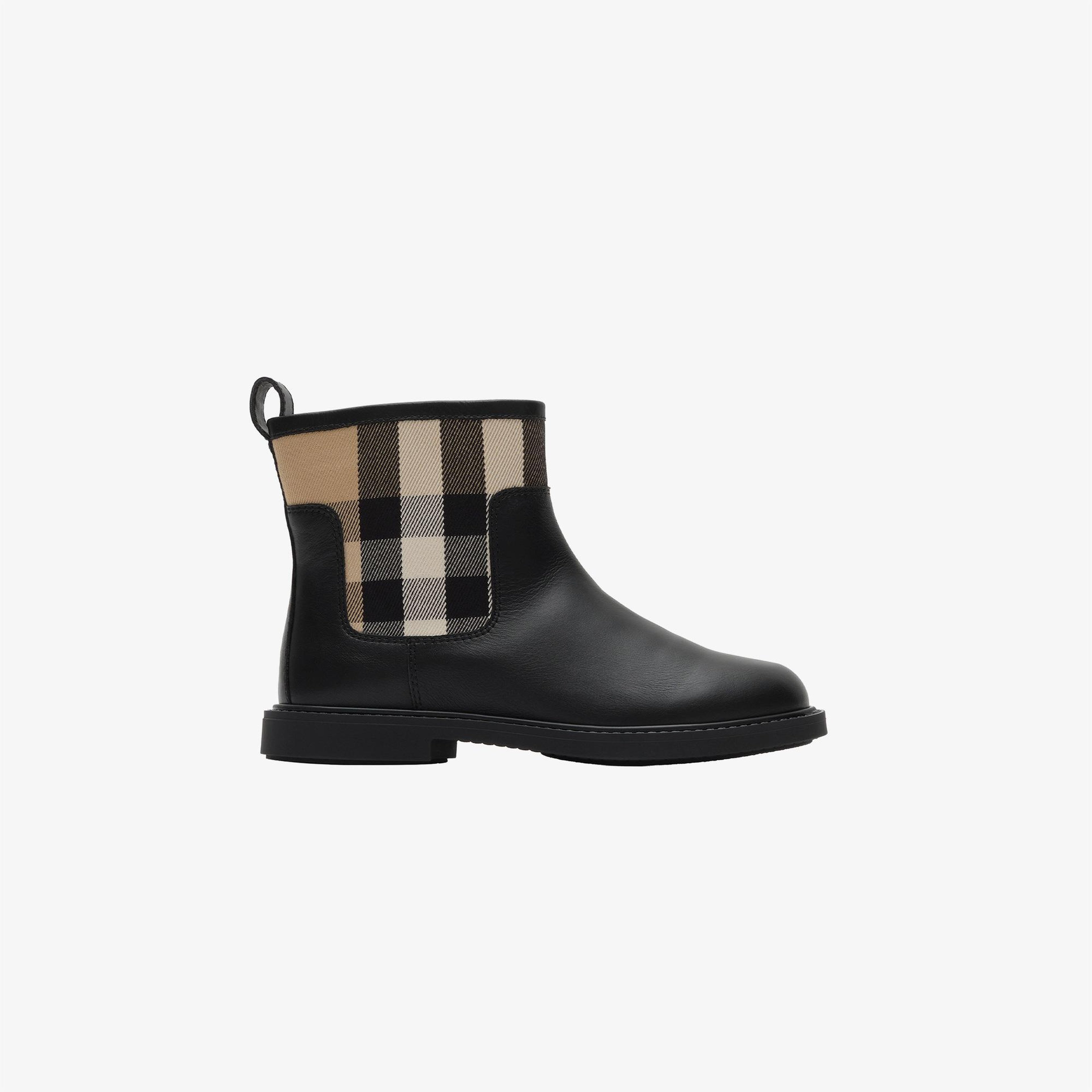 Burberry Check Panel Leather Çocuk Siyah Bot