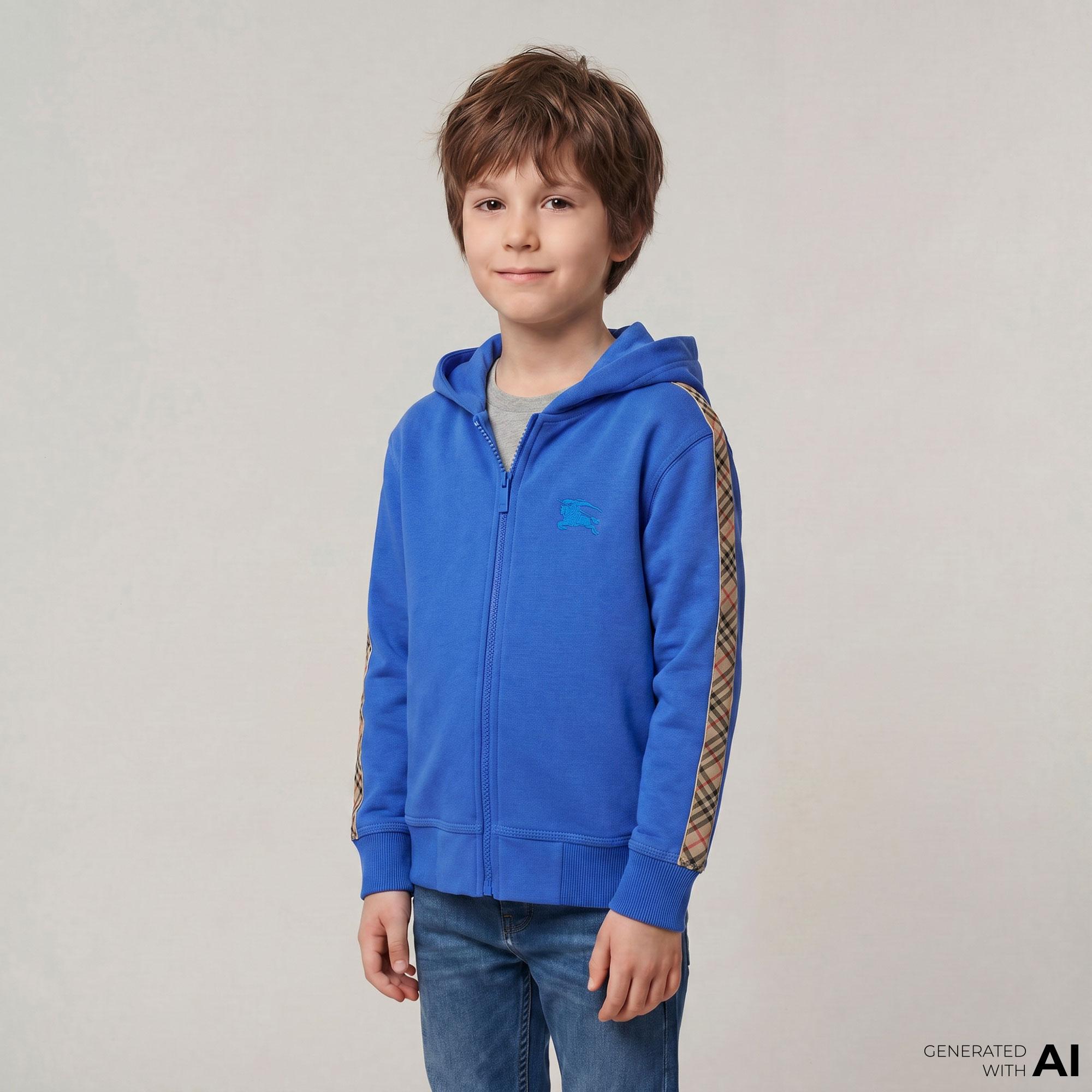 Burberry Check Trim Cotton Zip Çocuk Mavi Hoodie