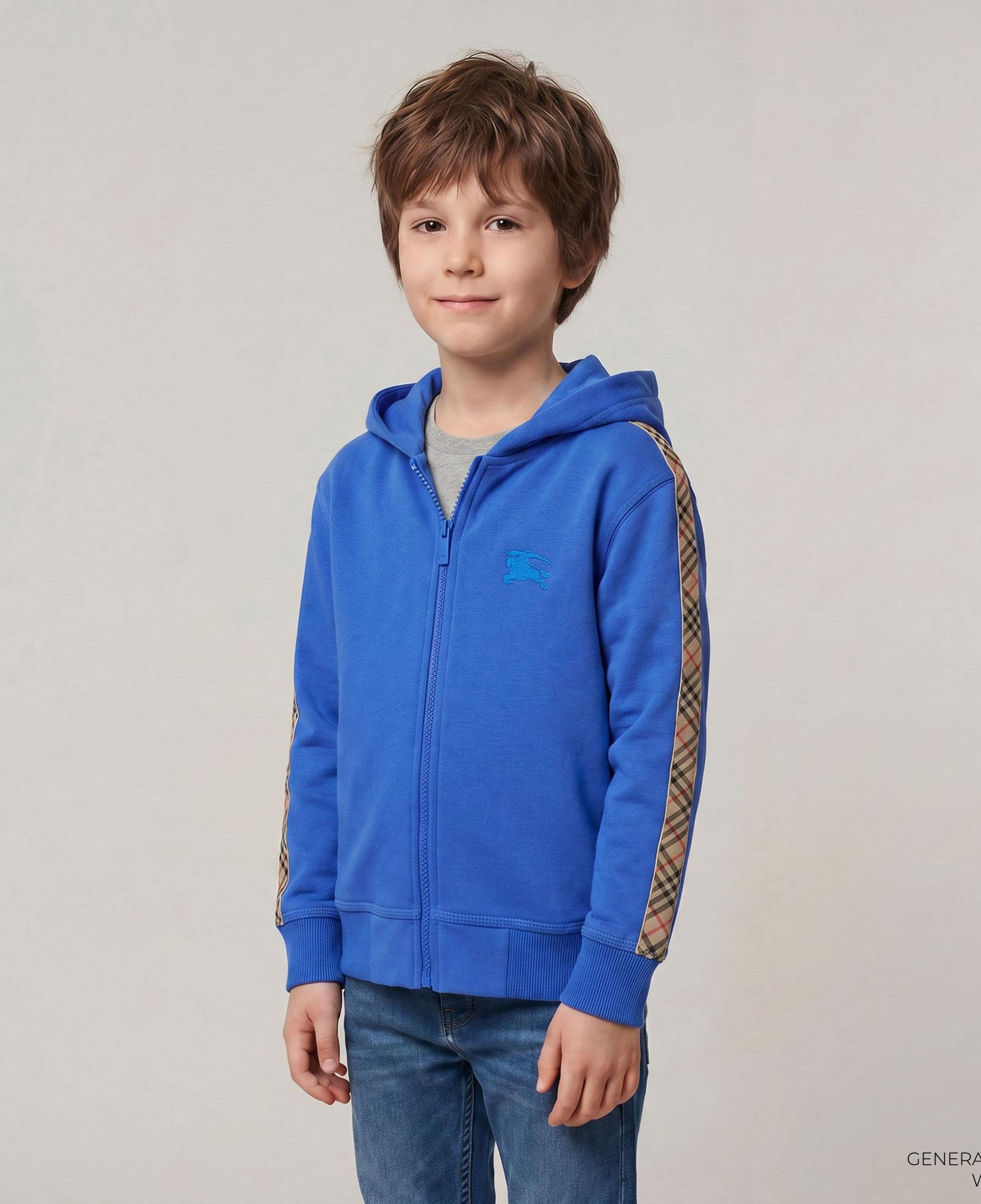 Burberry Check Trim Cotton Zip Çocuk Mavi Hoodie