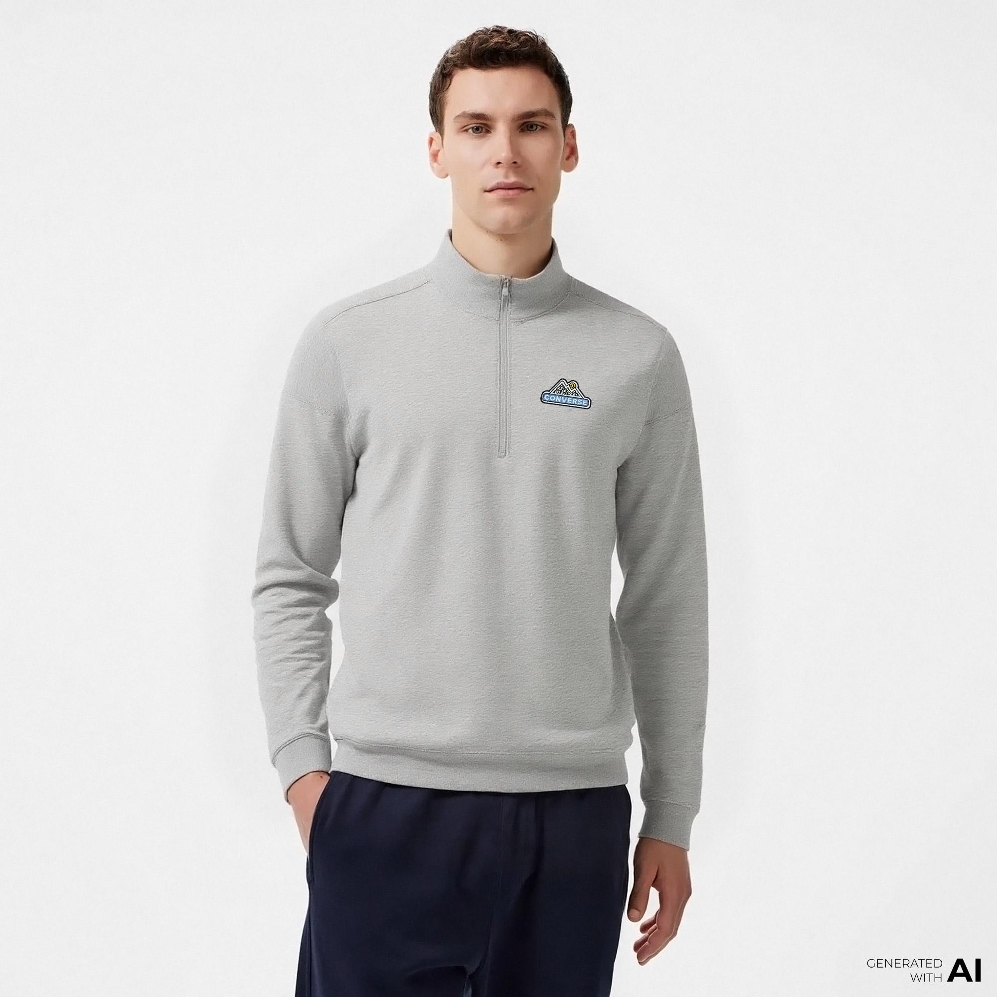 Converse Erkek Loose Fit Yarım Fermuarlı Gri Sweatshirt