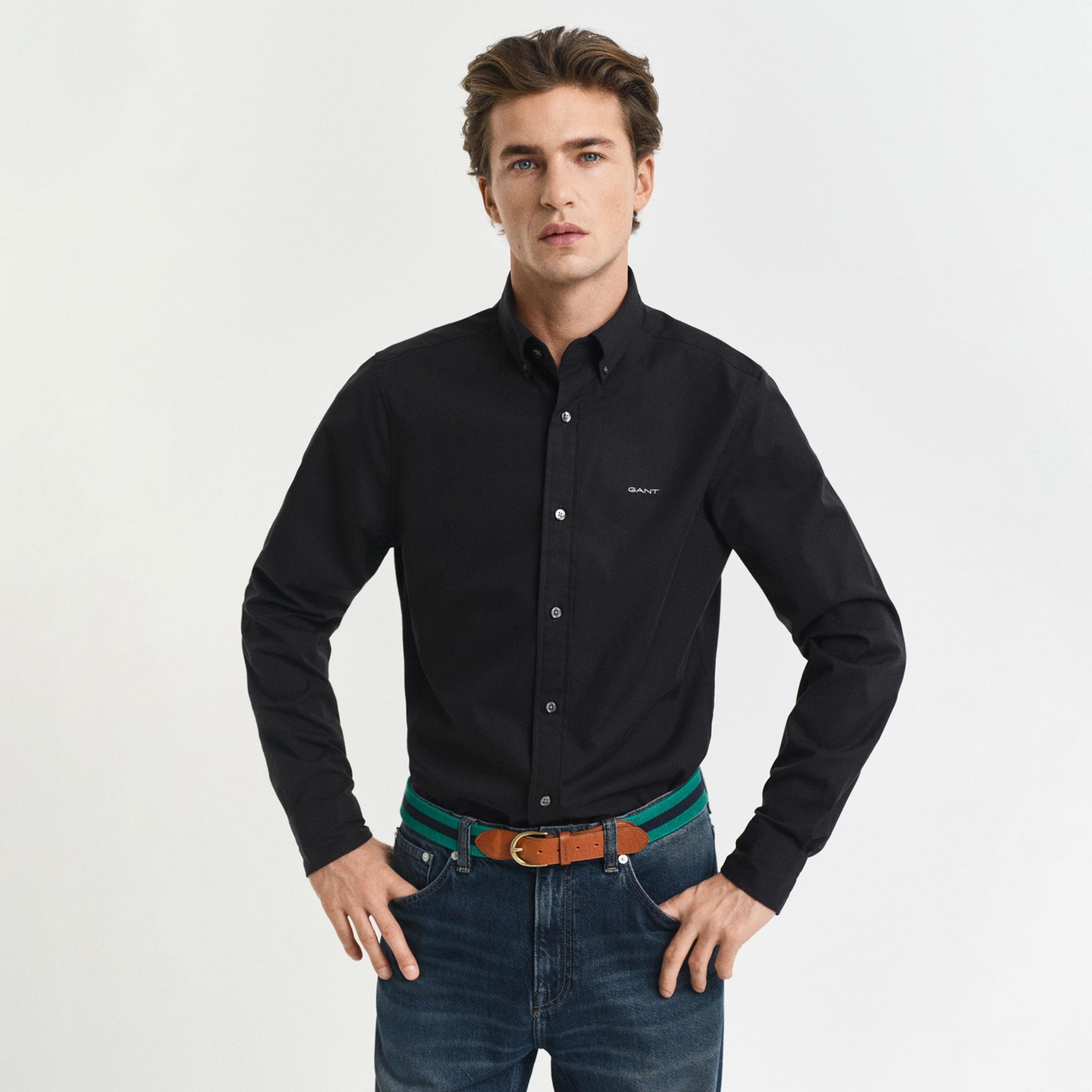 GANT Erkek Siyah Slim Fit Düğmeli Yaka Oxford Gömlek