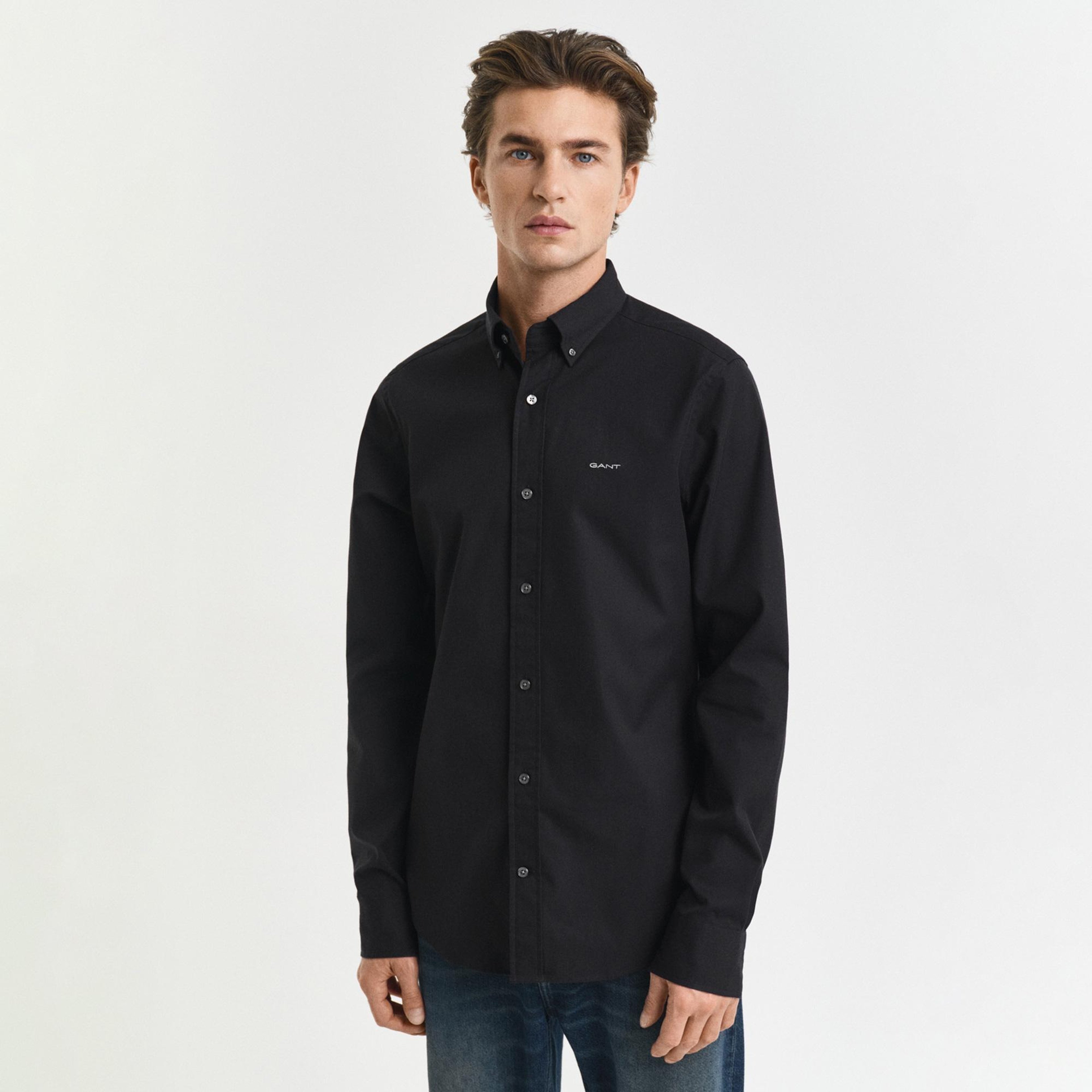 GANT Erkek Siyah Slim Fit Düğmeli Yaka Oxford Gömlek