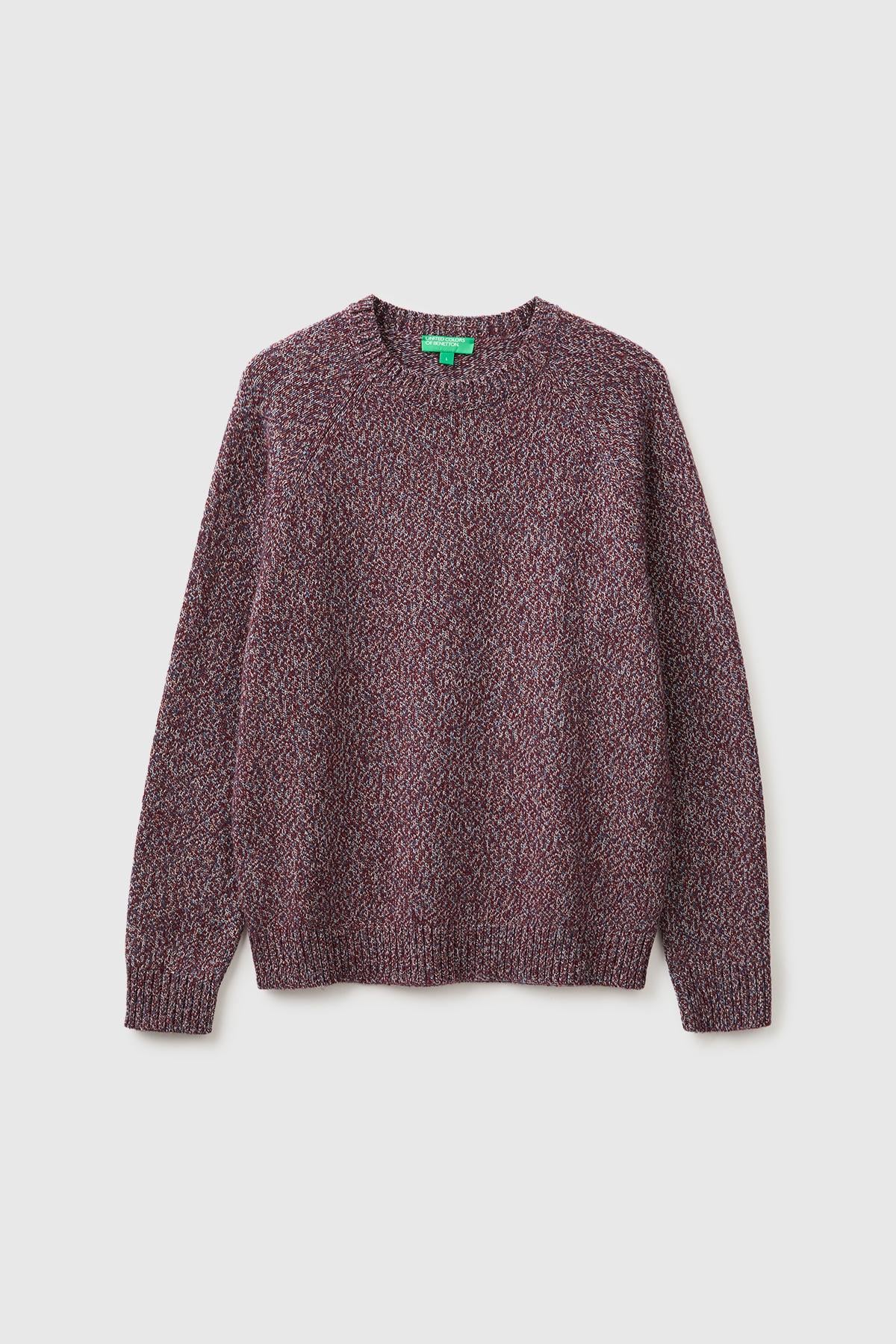 Erkek Bordo Mix Yün Karışımlı Regular Fit Reglan Kollu Bisiklet Yaka Kazak