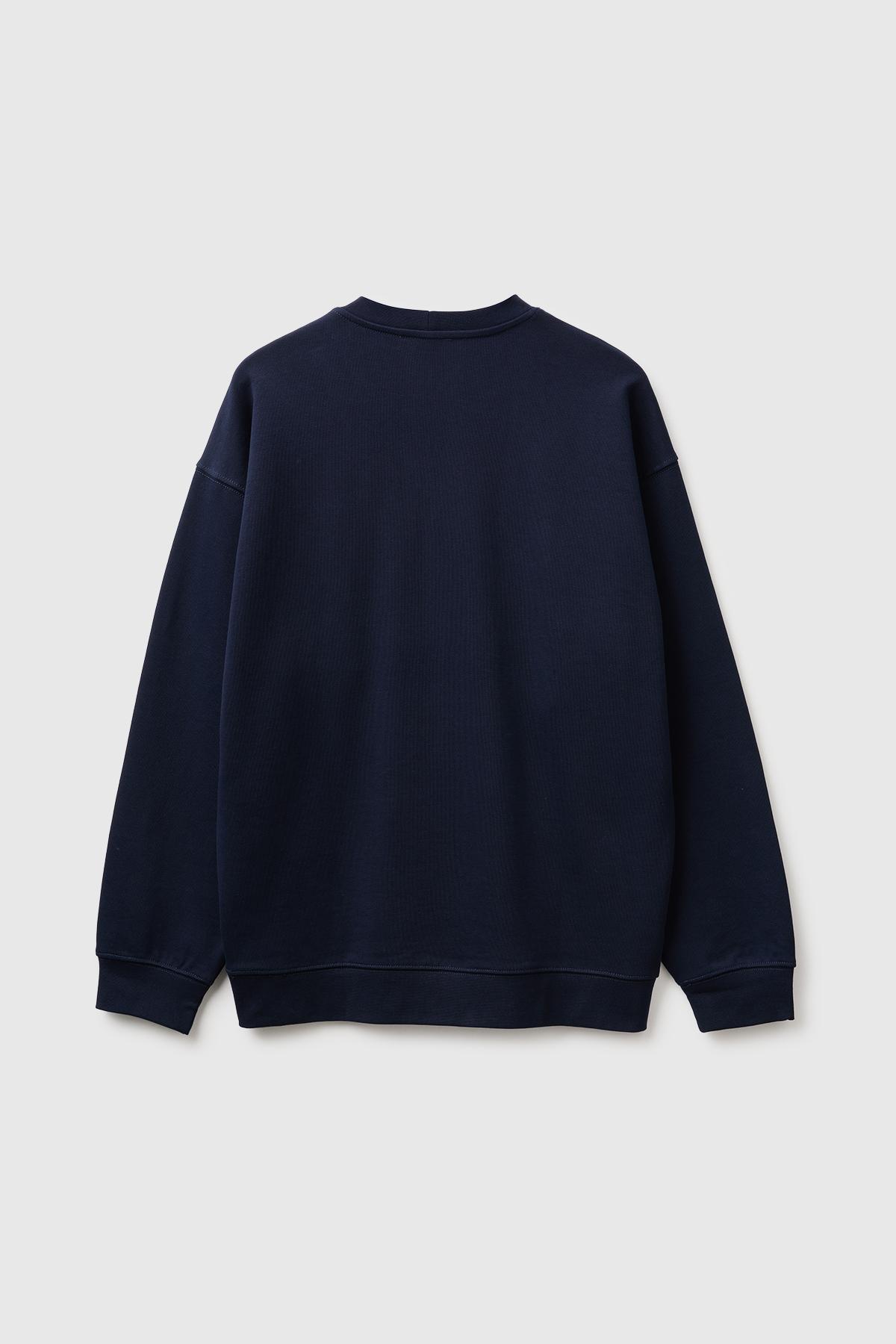 Erkek Lacivert %100 Pamuk Önü Logo İşlemeli Bisiklet Yaka Sweatshirt
