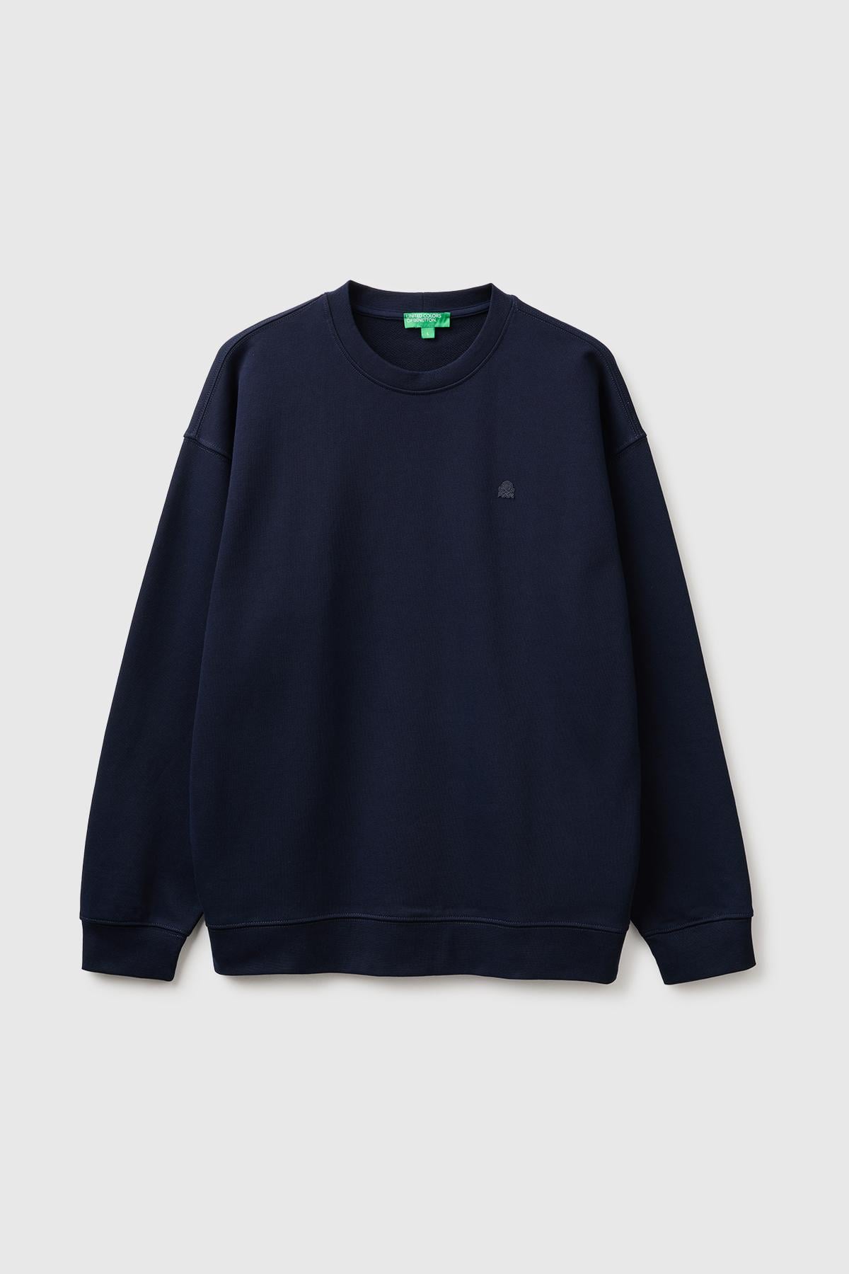 Erkek Lacivert %100 Pamuk Önü Logo İşlemeli Bisiklet Yaka Sweatshirt