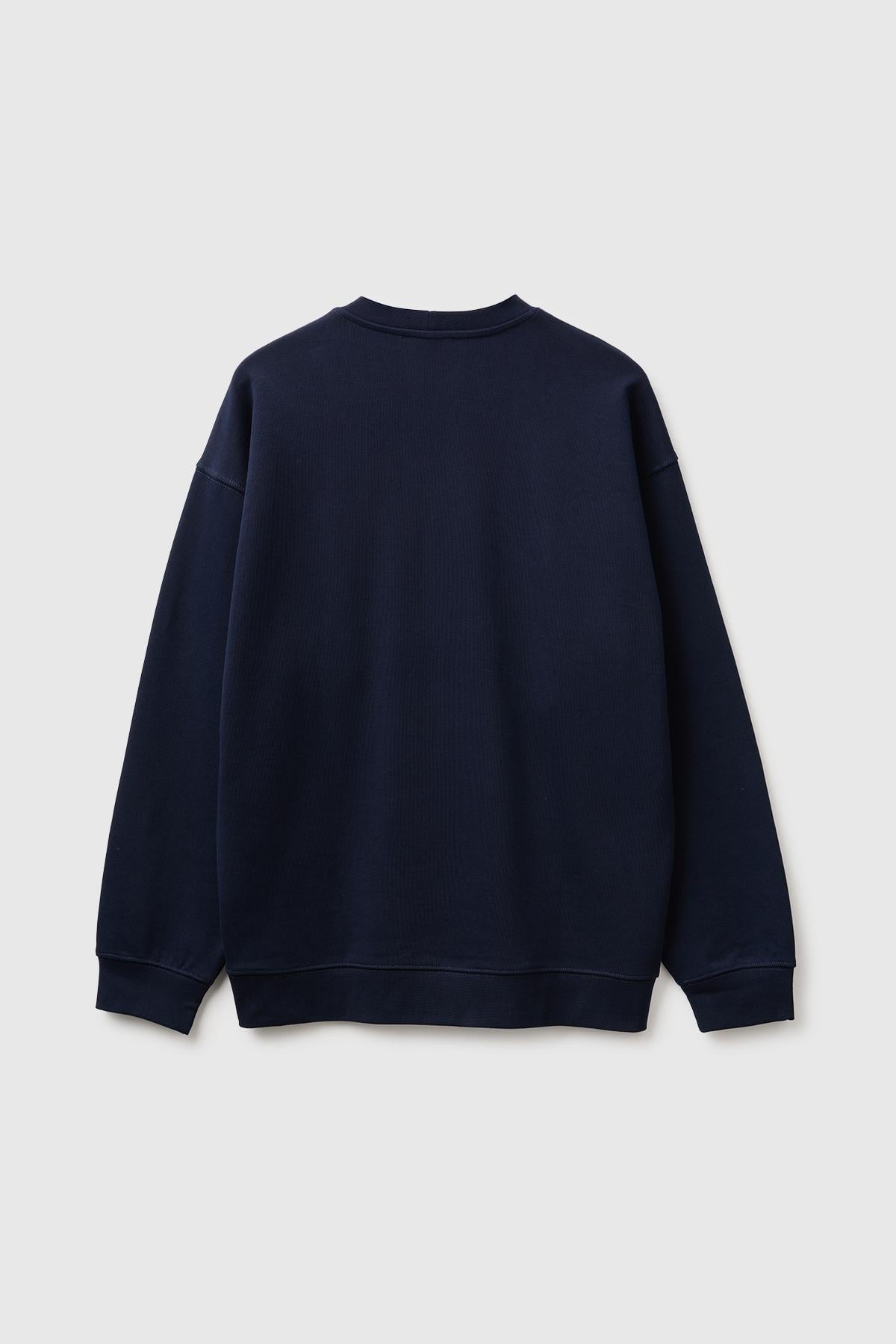 Erkek Lacivert %100 Pamuk Önü Logo İşlemeli Bisiklet Yaka Sweatshirt