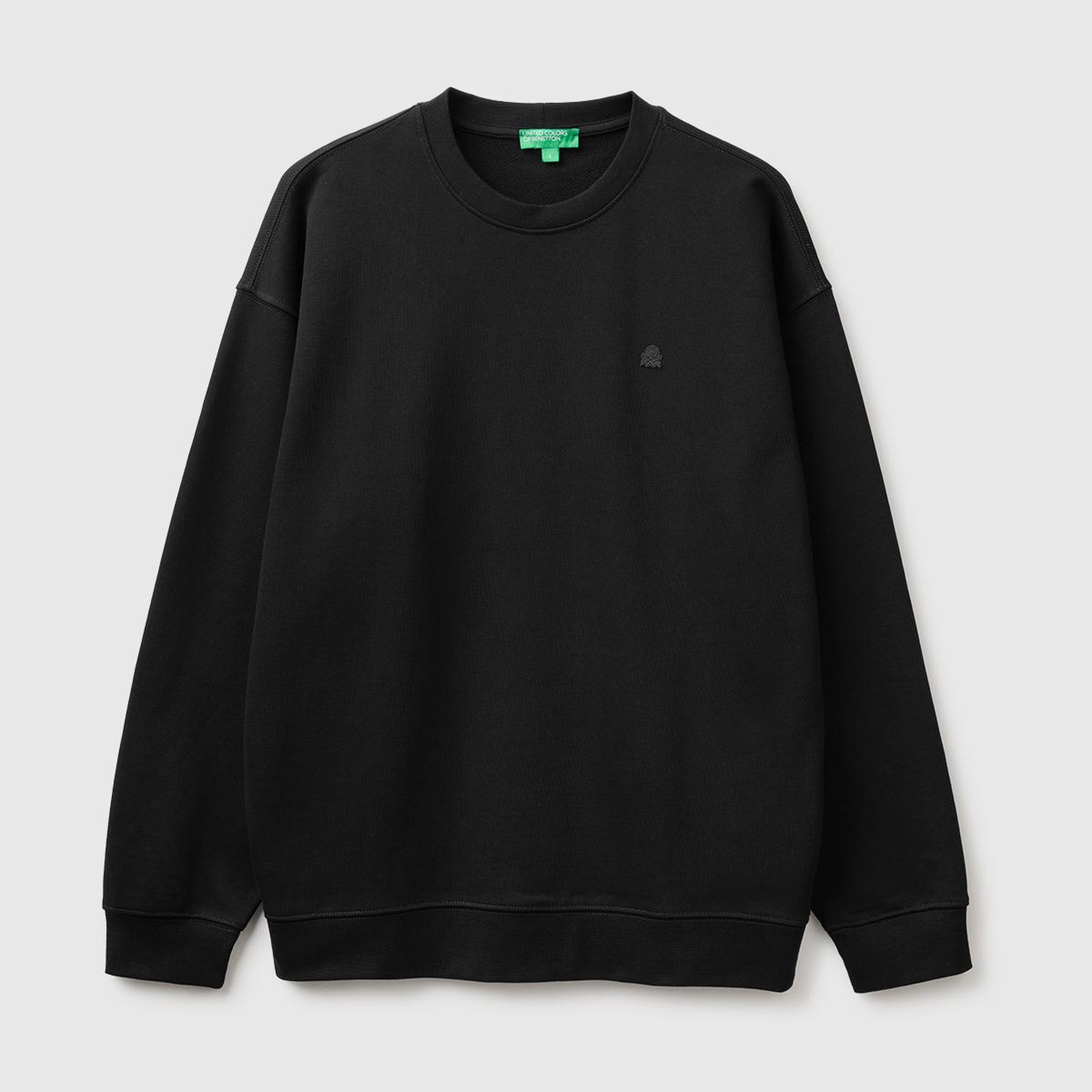 Erkek Siyah %100 Pamuk Önü Logo İşlemeli Bisiklet Yaka Sweatshirt