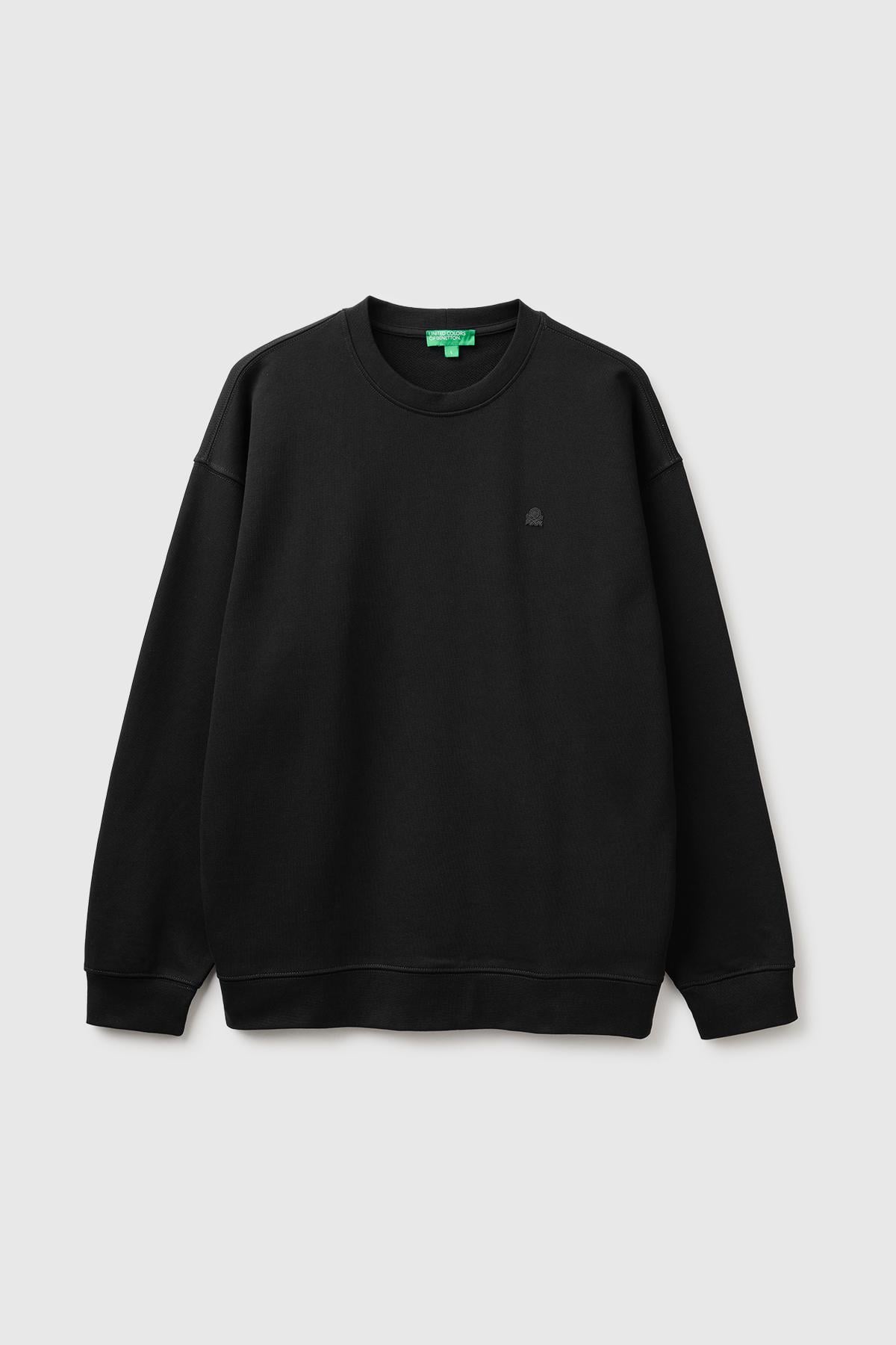 Erkek Siyah %100 Pamuk Önü Logo İşlemeli Bisiklet Yaka Sweatshirt