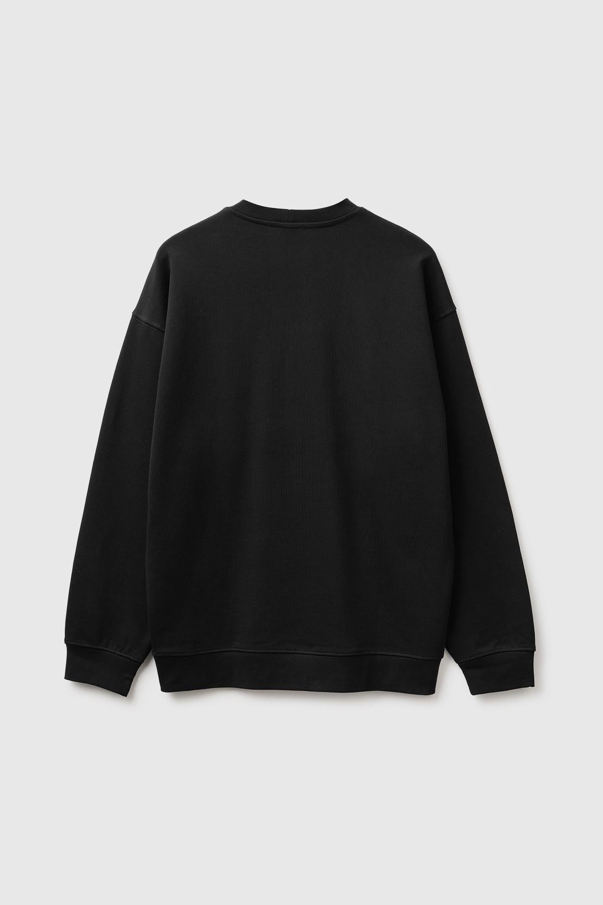 Erkek Siyah %100 Pamuk Önü Logo İşlemeli Bisiklet Yaka Sweatshirt
