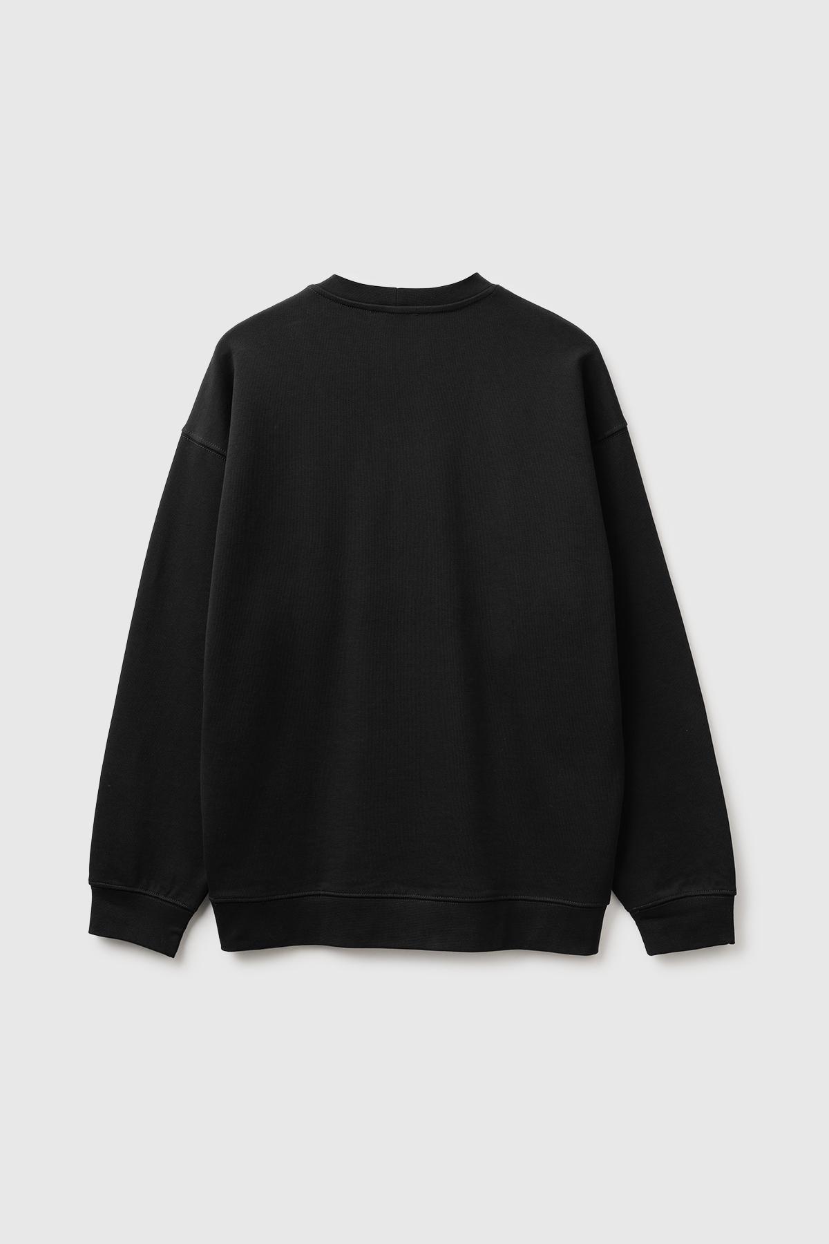 Erkek Siyah %100 Pamuk Önü Logo İşlemeli Bisiklet Yaka Sweatshirt