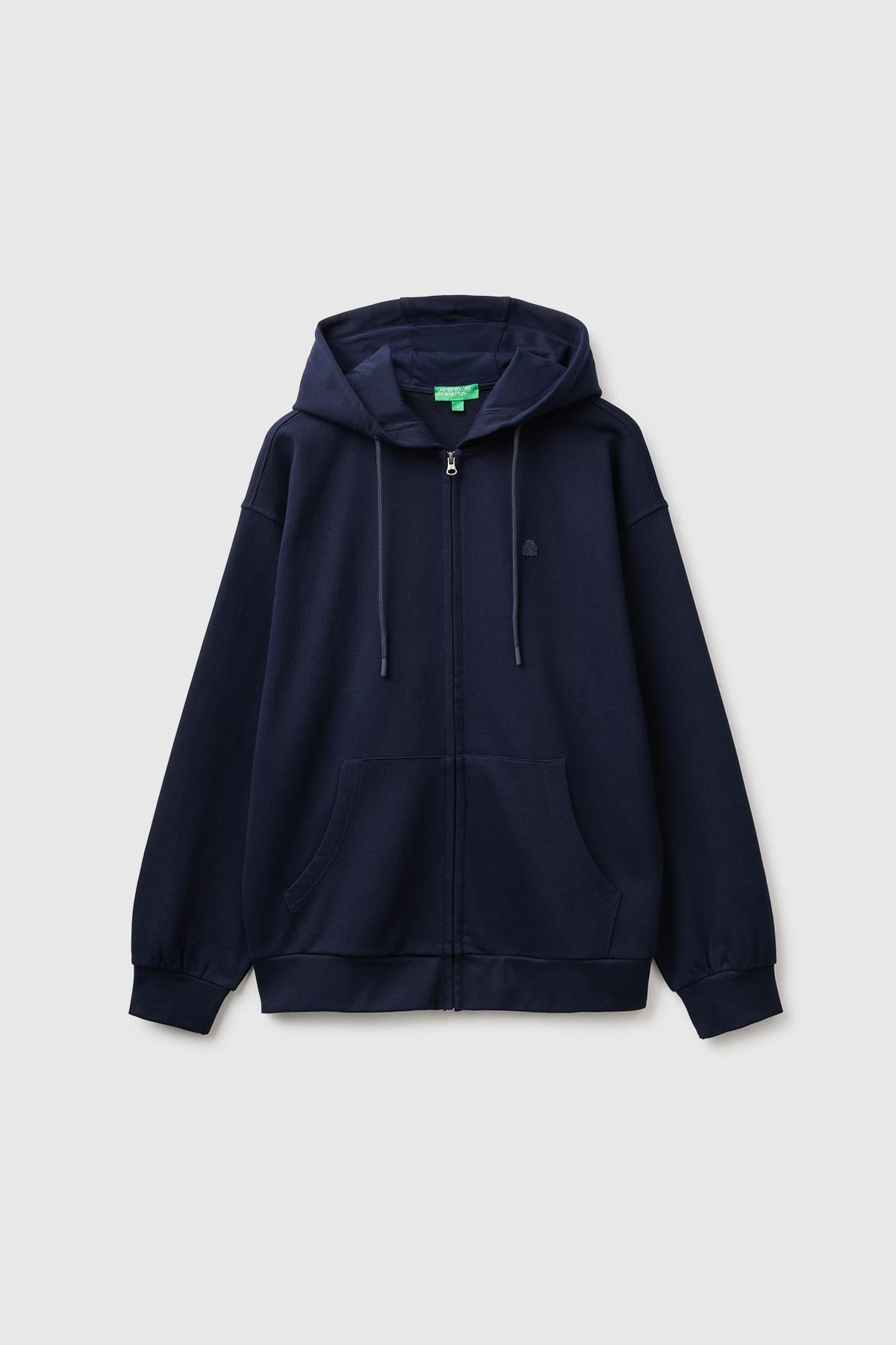 Erkek Lacivert %100 Pamuk Dar Kesim Fermuarlı Kapüşonlu Sweatshirt