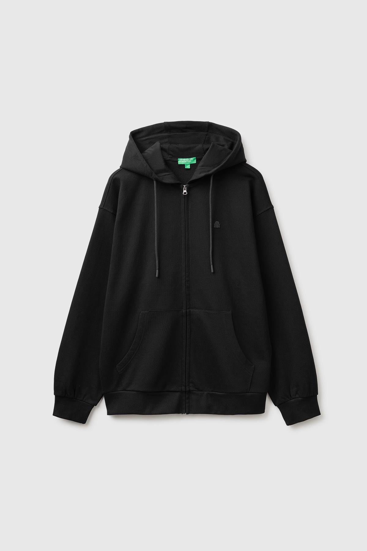 Erkek Siyah %100 Pamuk Dar Kesim Fermuarlı Kapüşonlu Sweatshirt