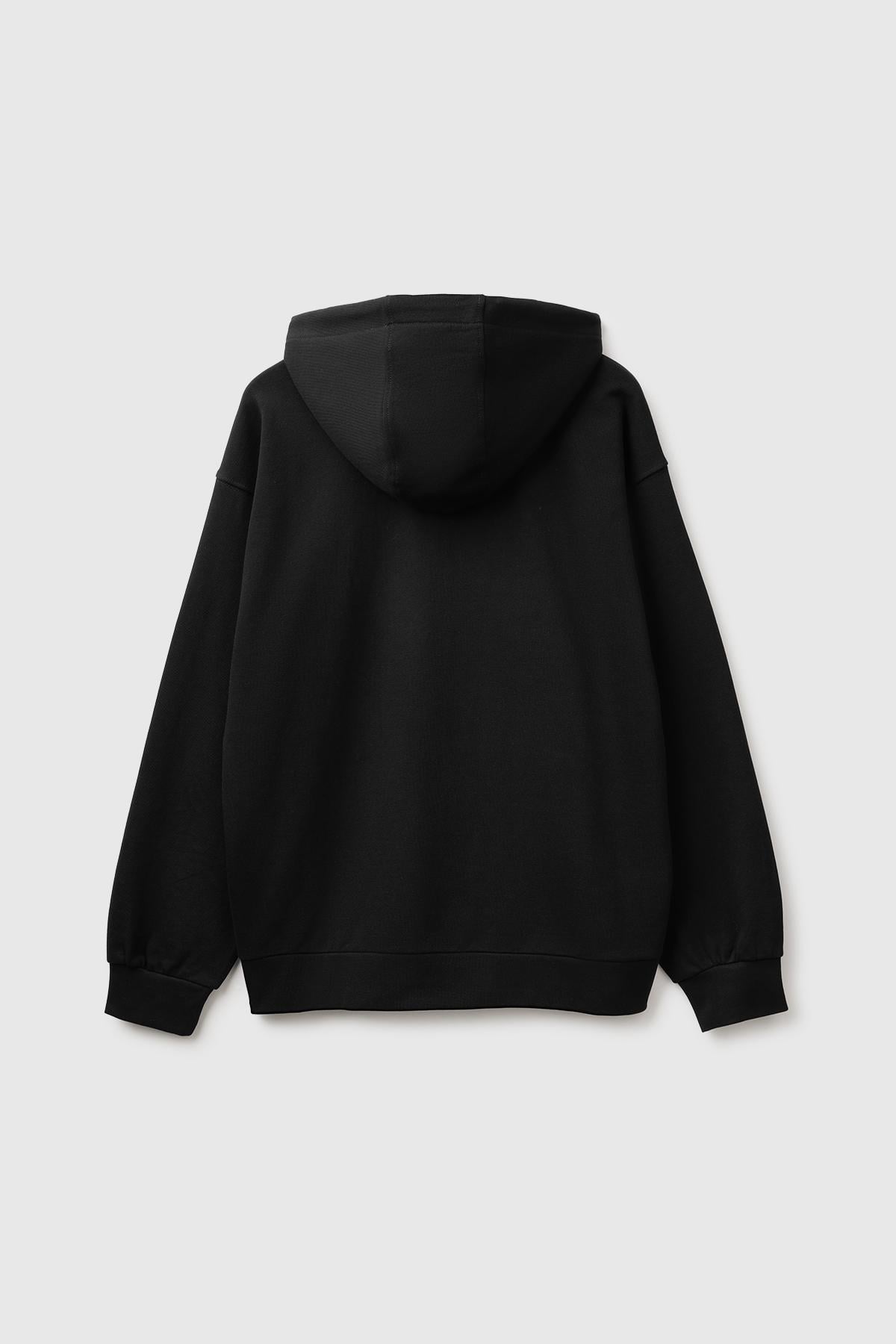 Erkek Siyah %100 Pamuk Dar Kesim Fermuarlı Kapüşonlu Sweatshirt