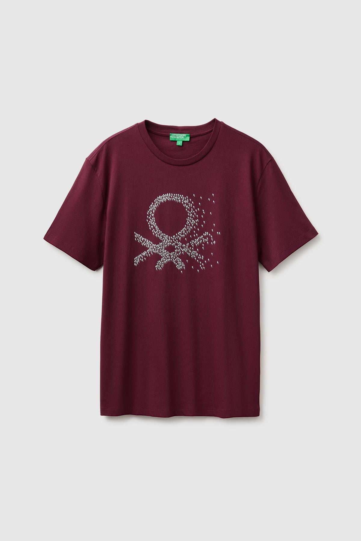 Erkek Mürdüm %100 Pamuk Önü Logo Baskılı Regular Fit Kısa Kollu T-Shirt