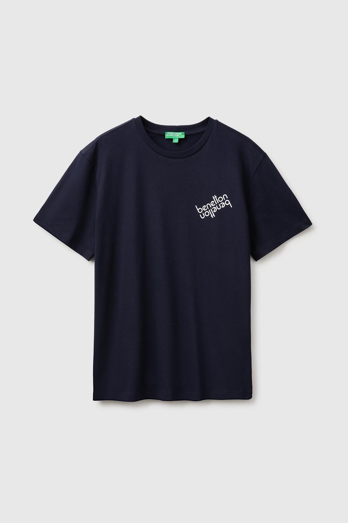 Erkek Lacivert %100 Pamuk Önü Logo Baskılı Regular Fit Kısa Kollu T-Shirt