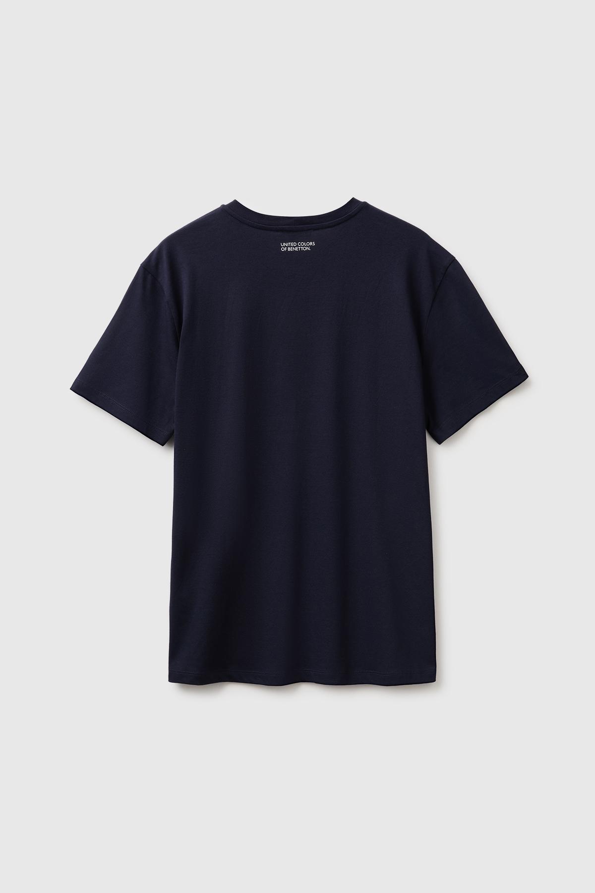Erkek Lacivert %100 Pamuk Önü Logo Baskılı Regular Fit Kısa Kollu T-Shirt
