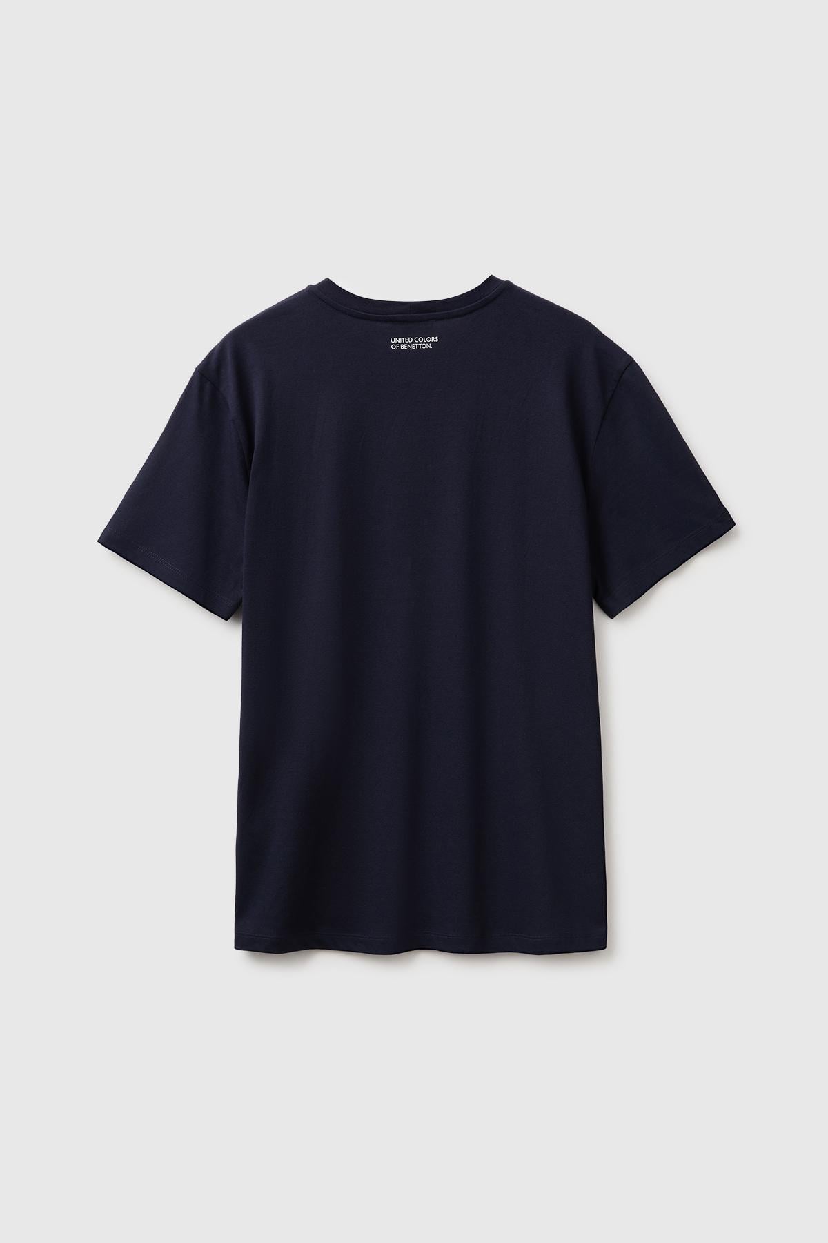 Erkek Lacivert %100 Pamuk Önü Logo Baskılı Regular Fit Kısa Kollu T-Shirt