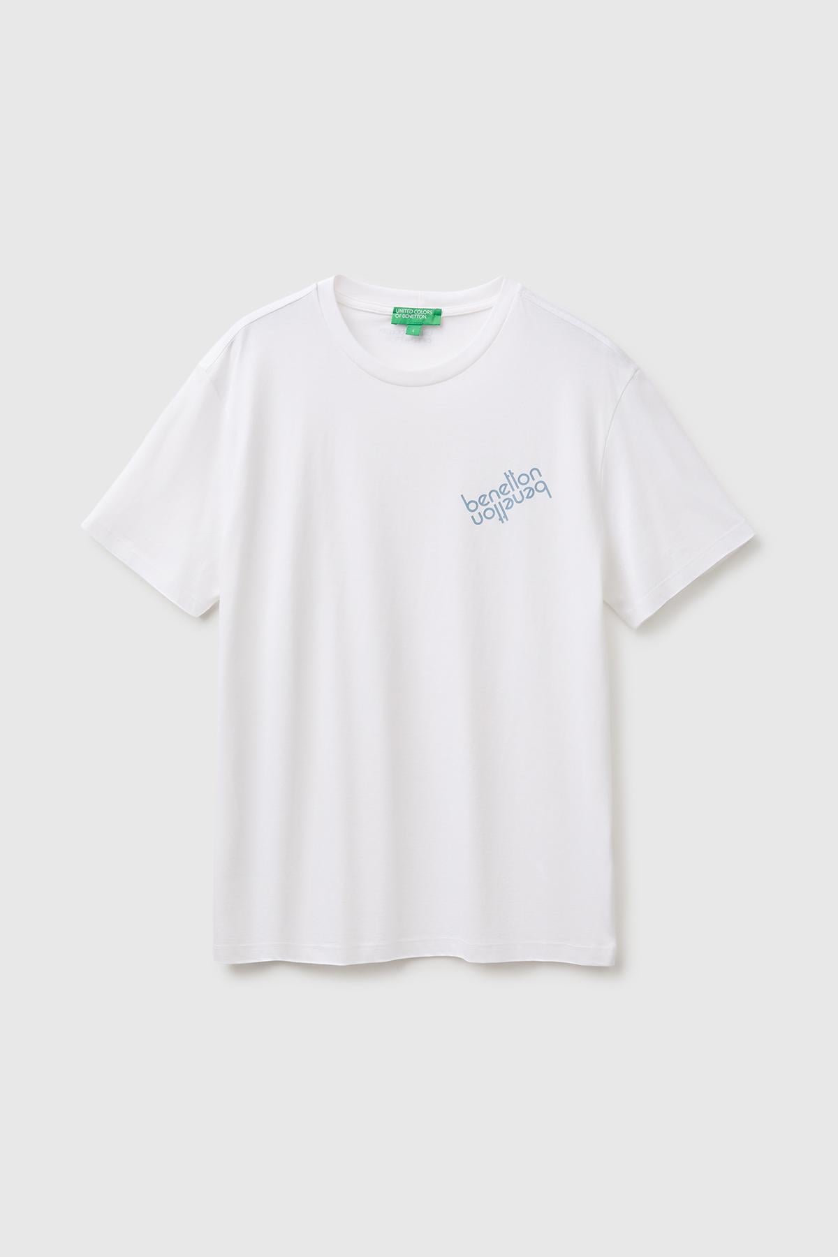 Erkek Beyaz Mix %100 Pamuk Önü Logo Baskılı Regular Fit Kısa Kollu T-Shirt