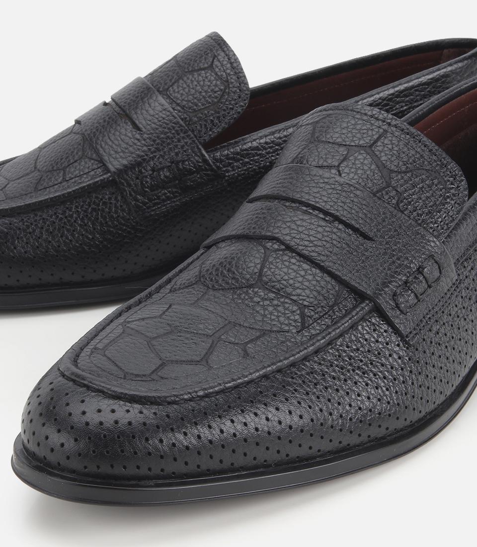 Erkek Deri Siyah Yumuşak Dokulu Baskılı Klasik Loafer