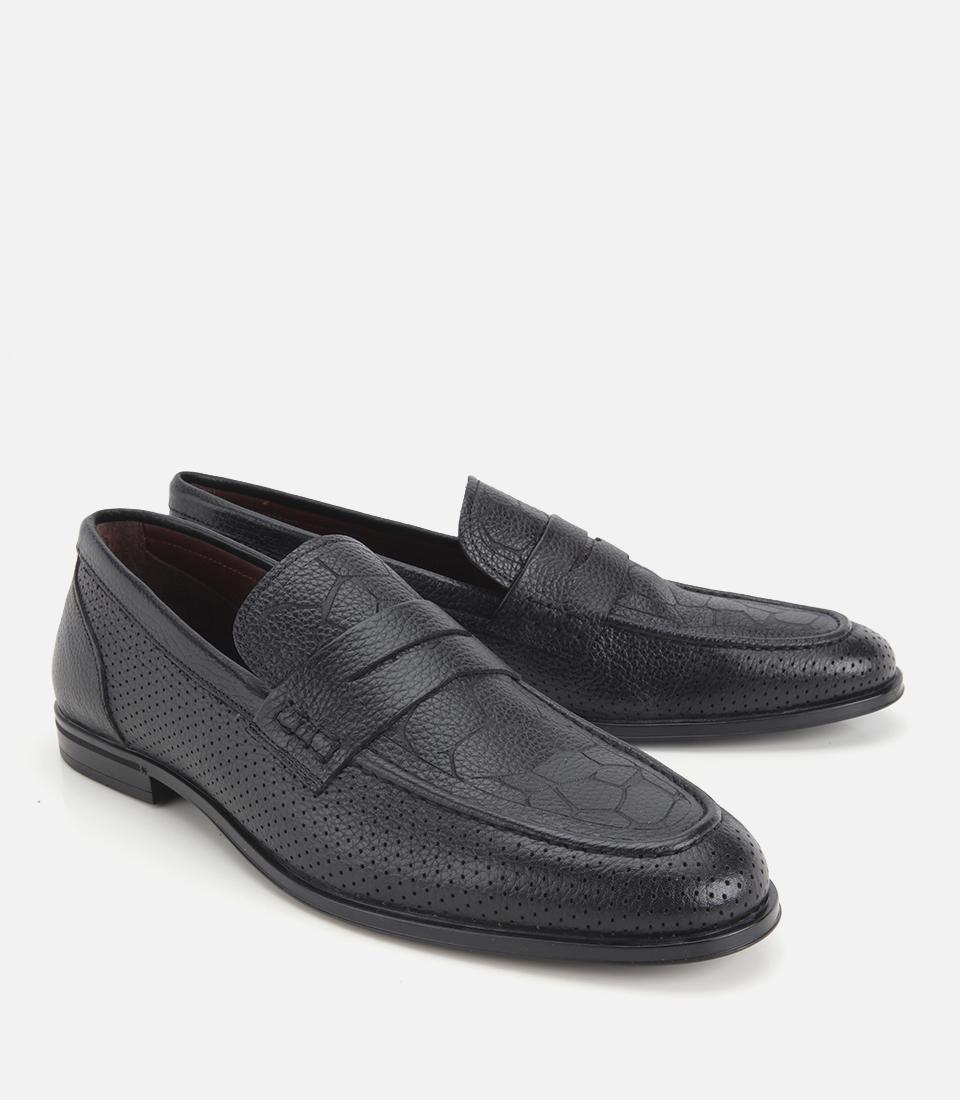 Erkek Deri Siyah Yumuşak Dokulu Baskılı Klasik Loafer