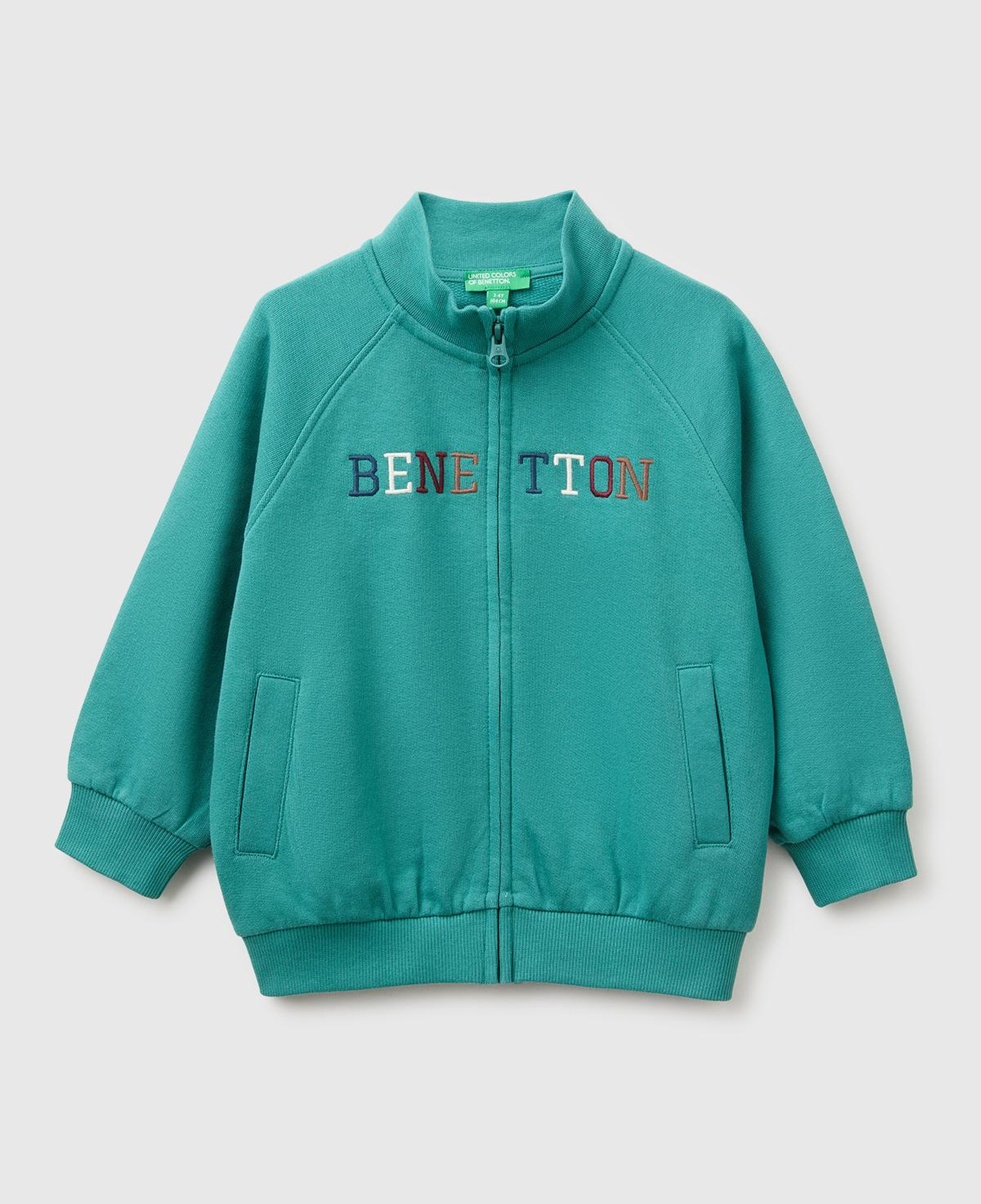 Erkek Çocuk Petrol Yeşili Önü İşlemeli Ribanalı Boğazlı Fermuarlı Dik Yaka Sweatshirt