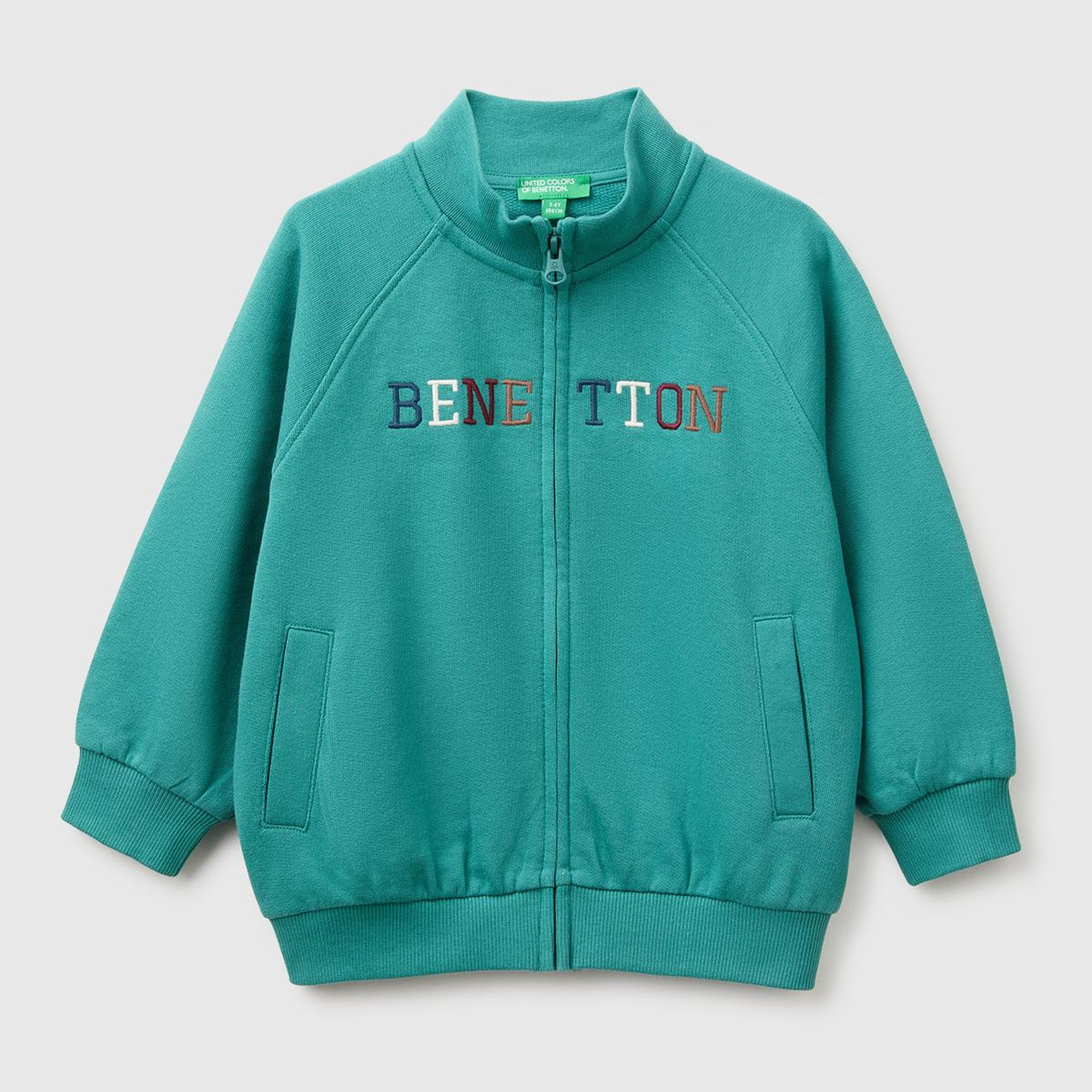 Erkek Çocuk Petrol Yeşili Önü İşlemeli Ribanalı Boğazlı Fermuarlı Dik Yaka Sweatshirt