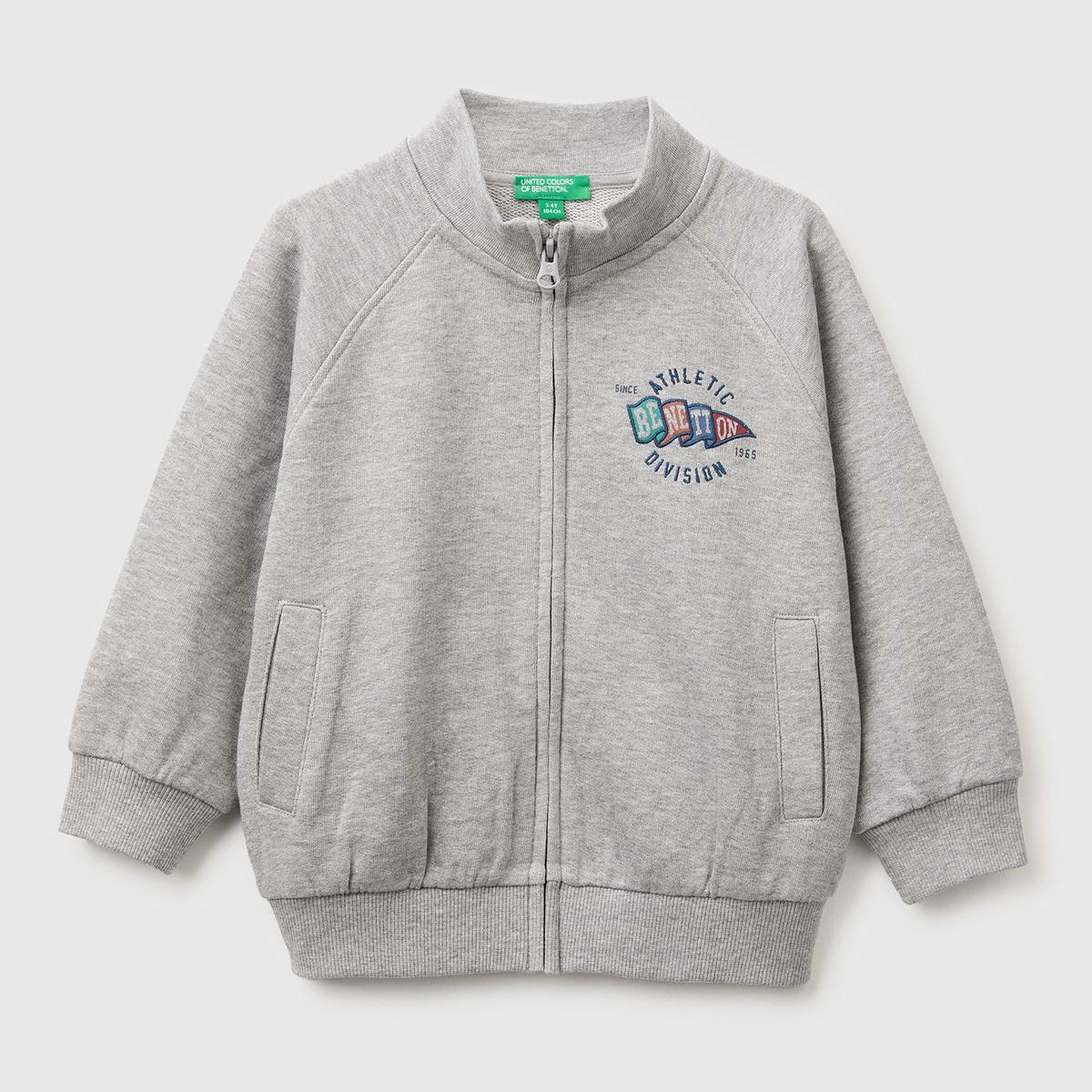 Erkek Çocuk Gri Melanj Önü İşlemeli Ribanalı Boğazlı Fermuarlı Dik Yaka Sweatshirt