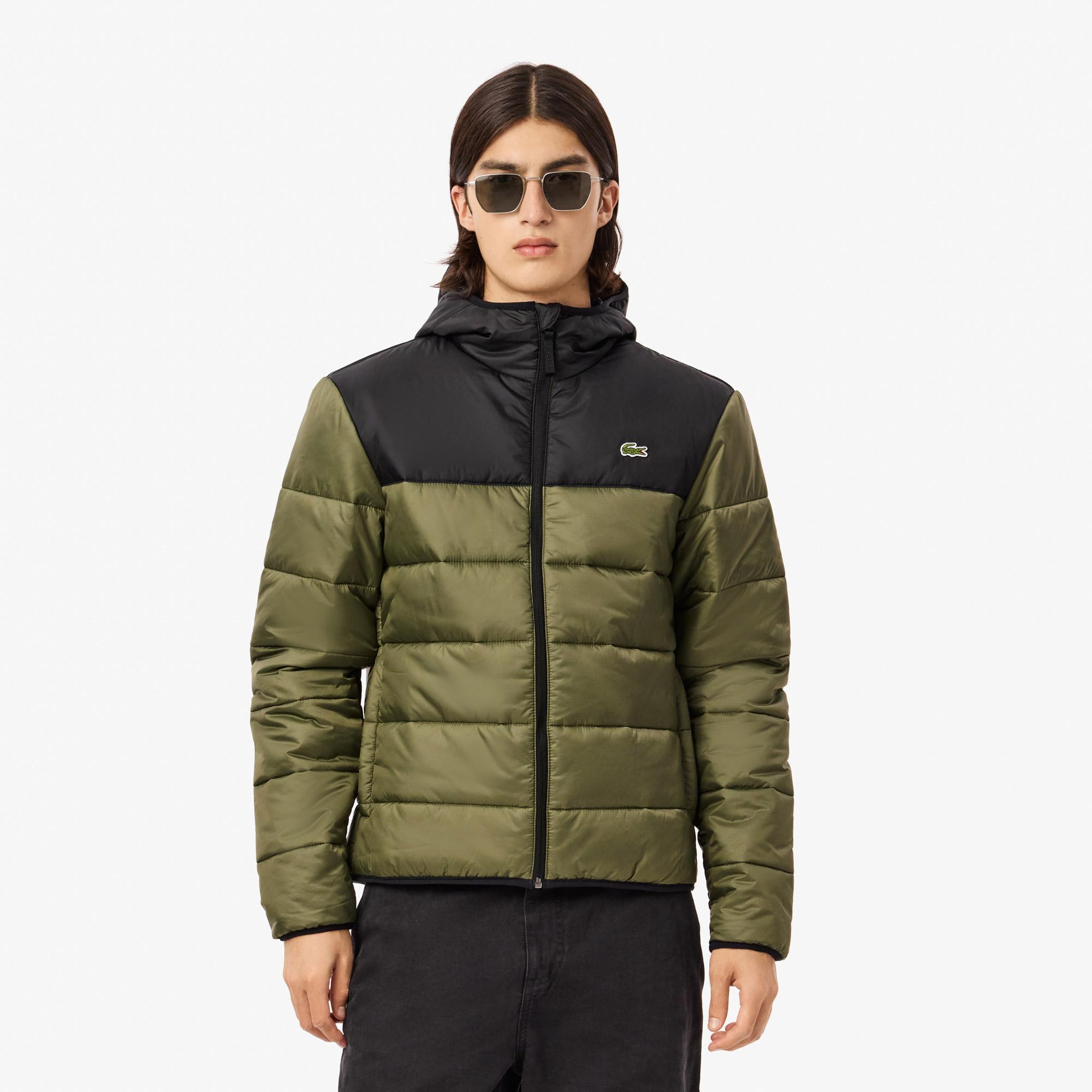 Erkek Regular Fit Kapüşonlu Renk Bloklu Haki Mont