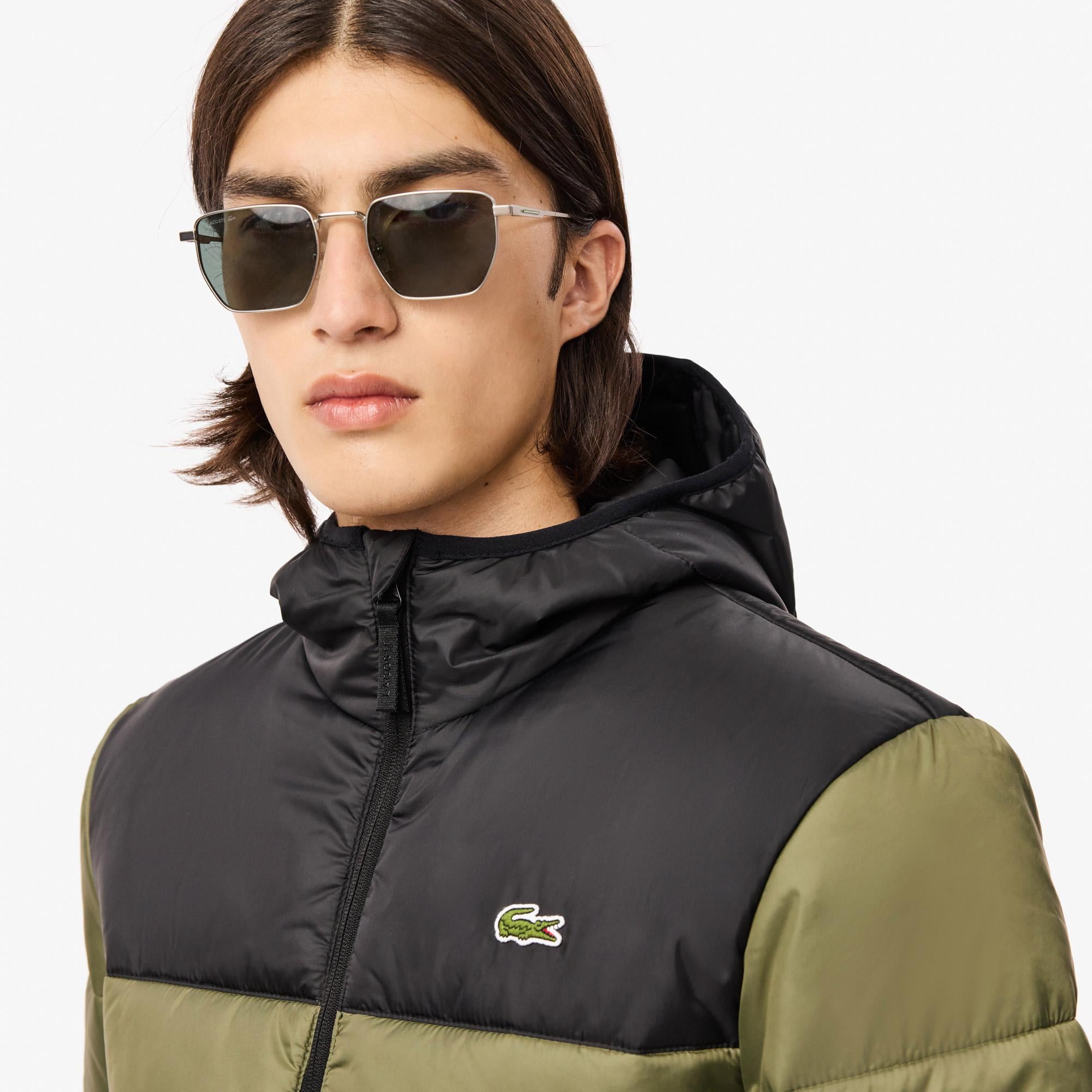 Erkek Regular Fit Kapüşonlu Renk Bloklu Haki Mont