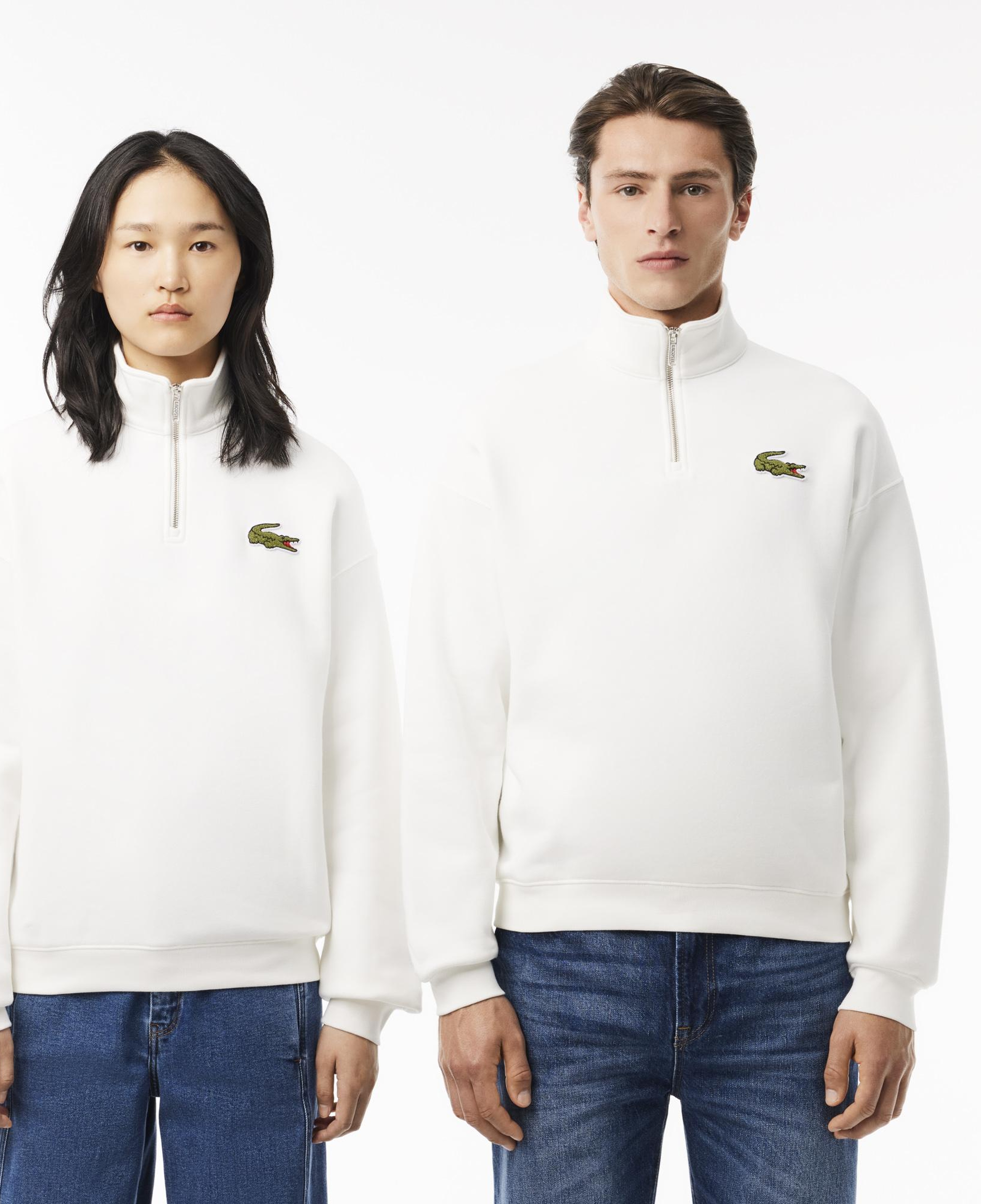 Unisex Loose Fit Yarım Fermuarlı Beyaz Organik Pamuk Sweatshirt