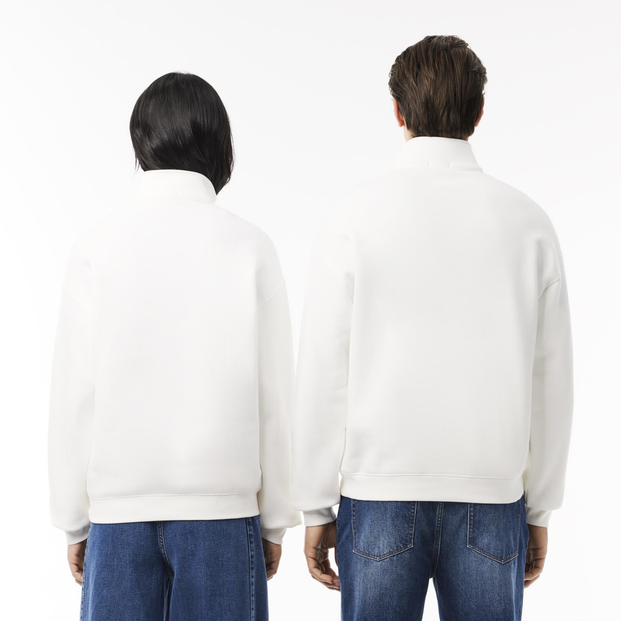 Unisex Loose Fit Yarım Fermuarlı Beyaz Organik Pamuk Sweatshirt