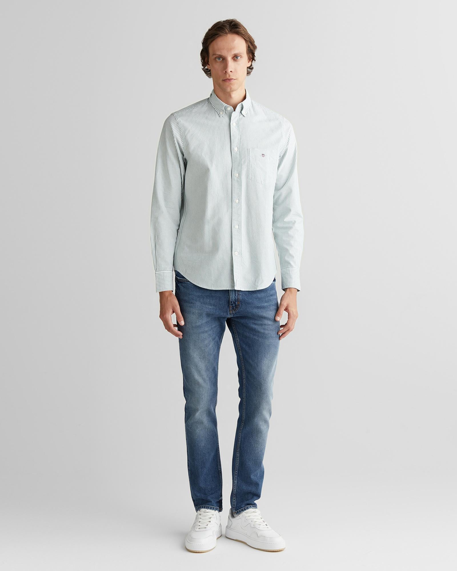 GANT Erkek Yeşil Regular Fit Düğmeli Yaka Çizgili Oxford Gömlek