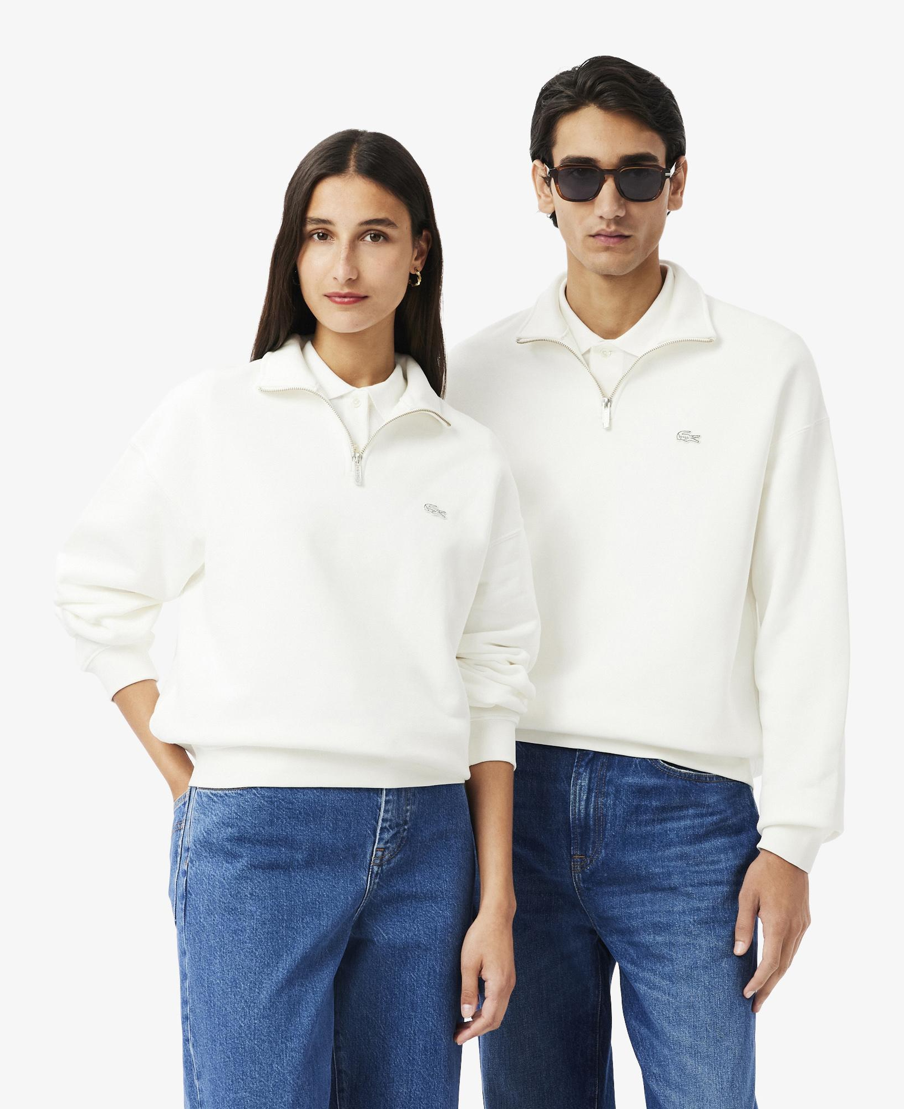 Unisex Loose Fit Yarım Fermuarlı Beyaz Sweatshirt
