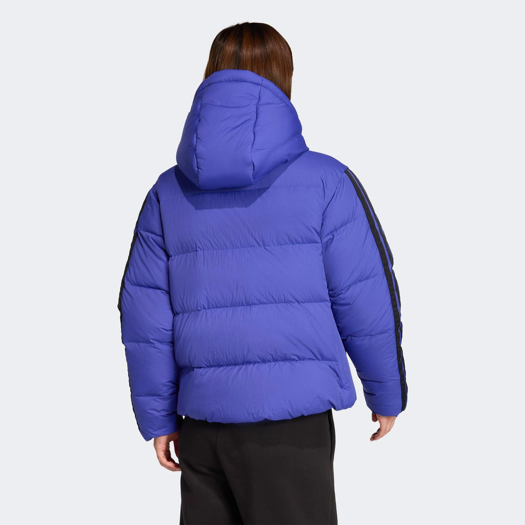 adidas Essentials Climawarm 3 Stripes Puffer Down Kapüşonlu Kadın Mavi Outdoor Montu