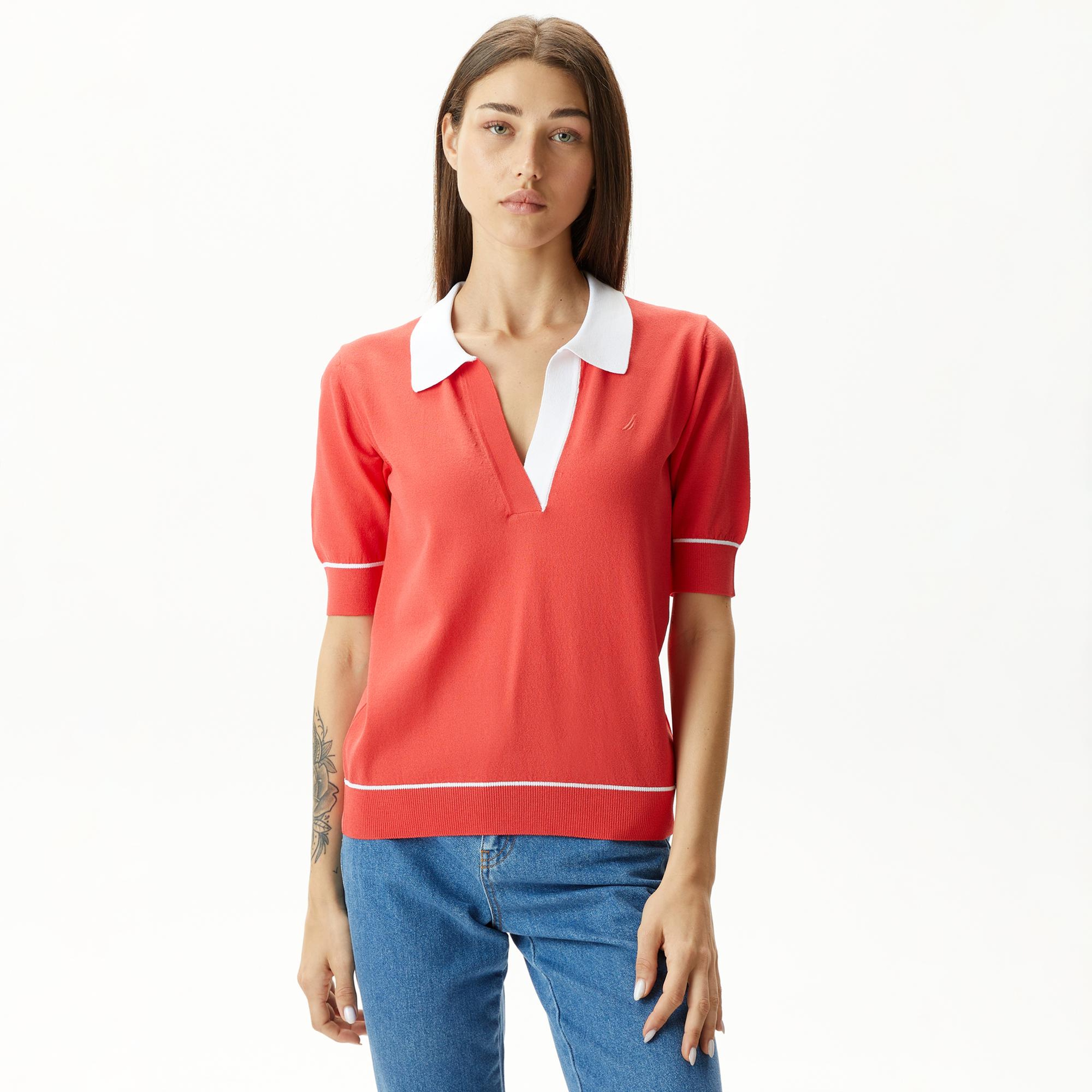 Nautica Kadın Kırmızı Relaxed Fit Kısa Kollu Triko